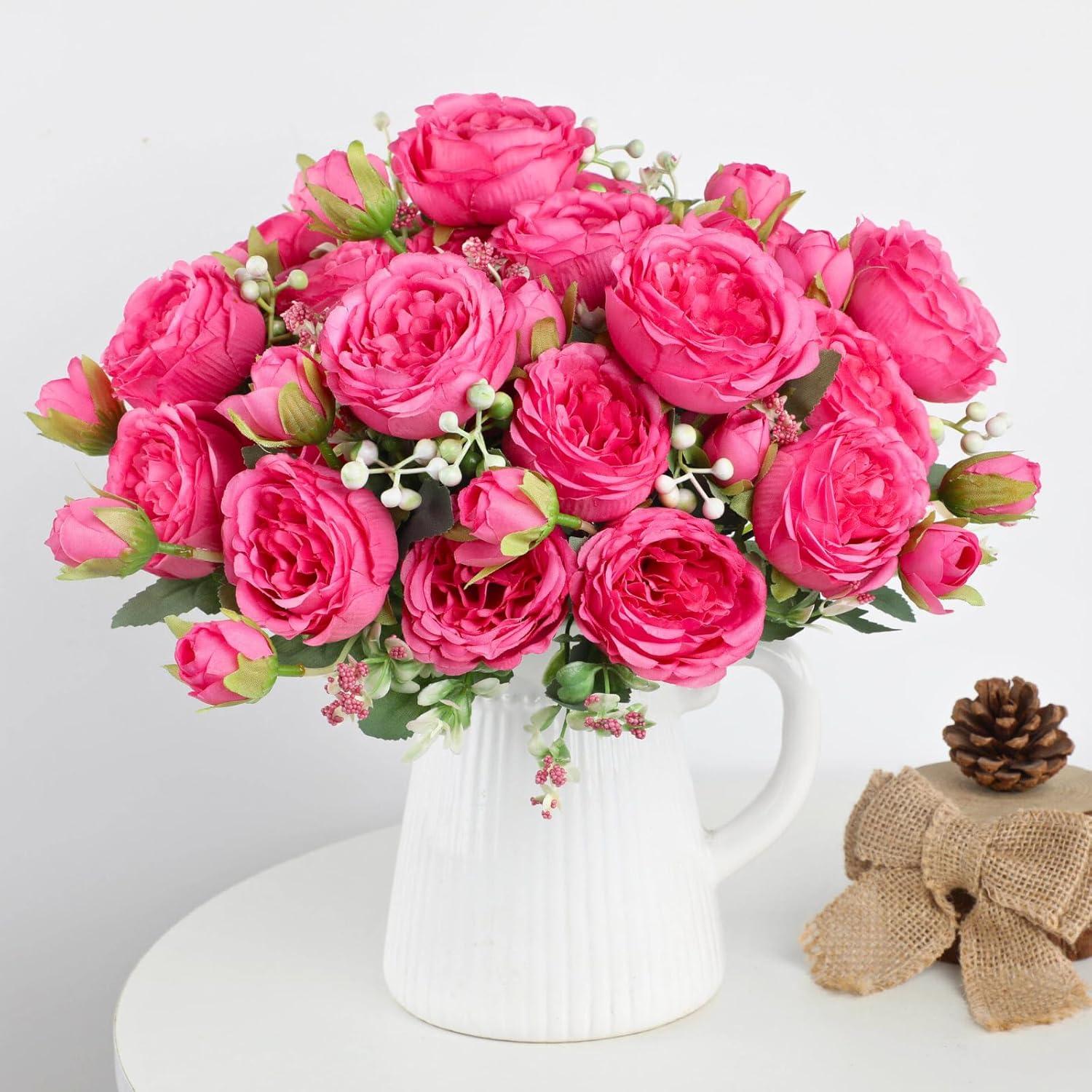 ASTRYAS 2Pcs Artificial Peony Flower Silk Peonies Fake Flowers for Decoration Faux Floral Arrangements for Home Wedding Party Decor (Hot Pink)