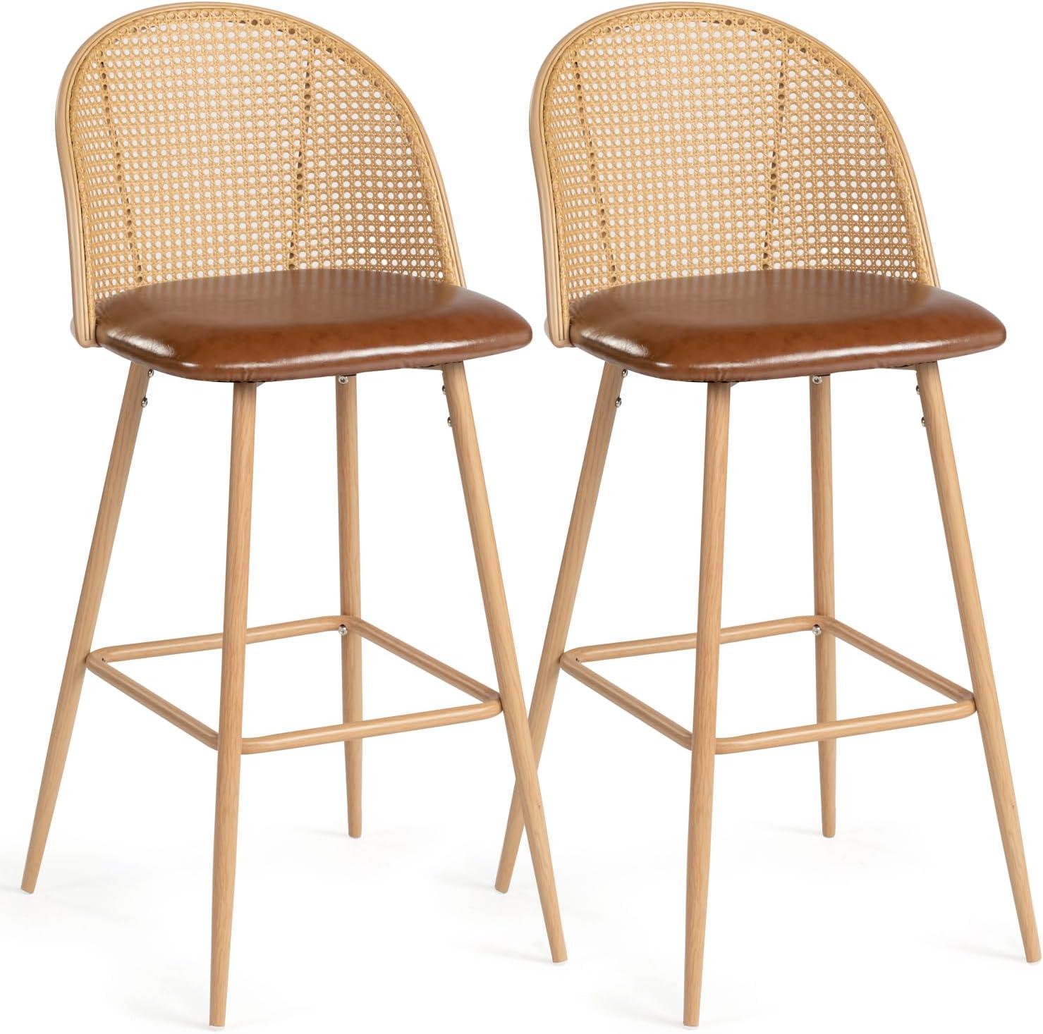 Coewske 2PCS Rattan Swivel Bar Stool Upholstered Counter Height Bar Chair Set w/ Metal Legs Brown