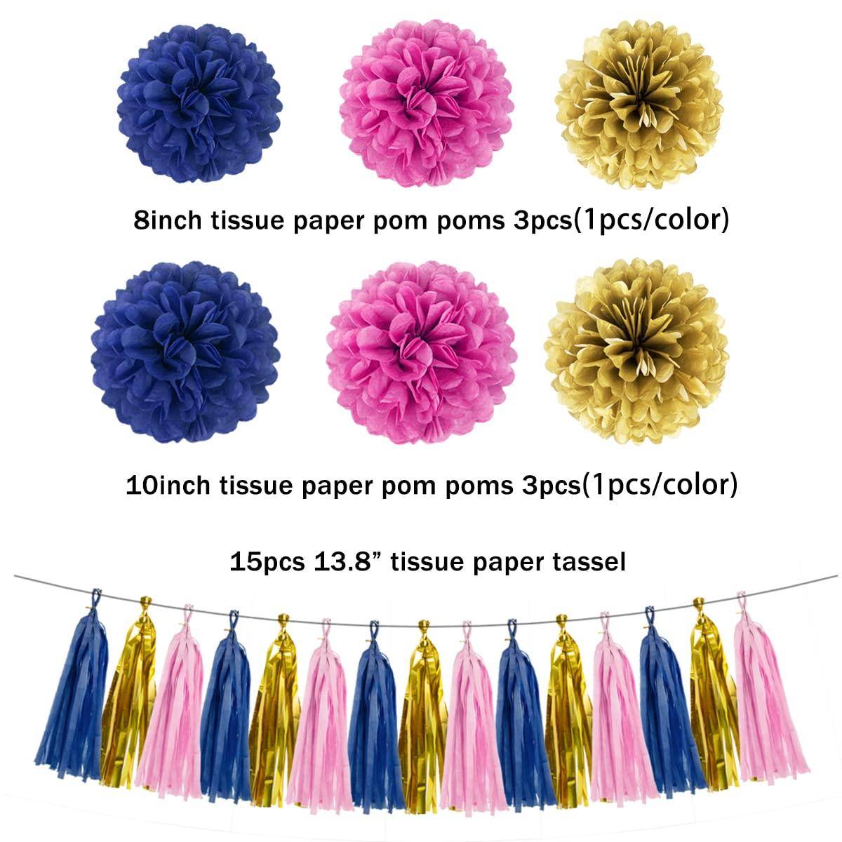 Gold Navy-Blue Pink Party Decorations - 23pcs Tissue Paper Flower Pom Poms Tassel Garland Pennant Banner Flags Streamers Birthday Baby Bridal Shower Engagement Bachelorette Wedding Gender Reveal Decor