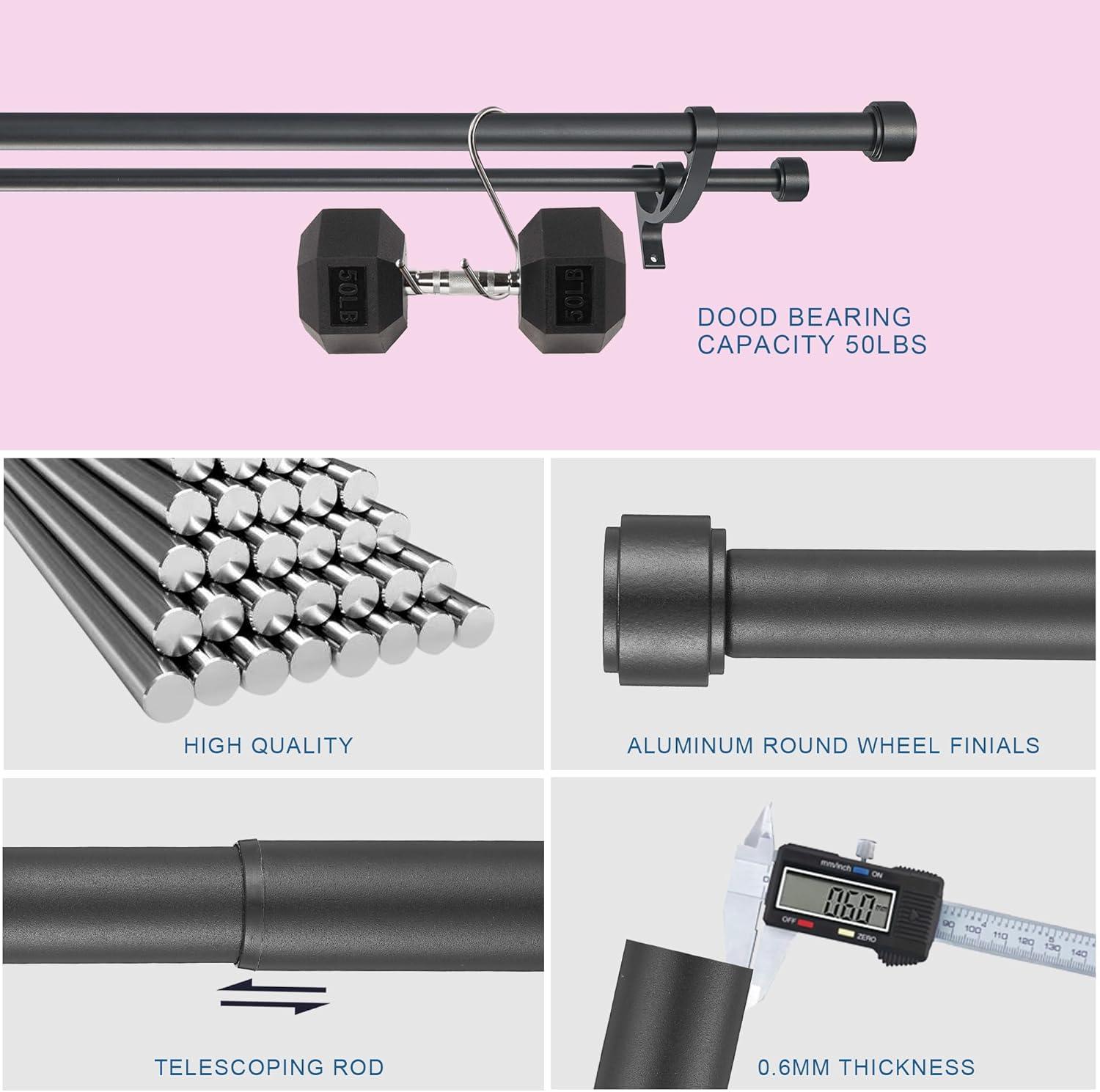 Exclusive Home 36"-72" Topper Double Curtain Rod - Matte Black: Adjustable Iron Set, 25 lb Capacity, Flat Cap Finial