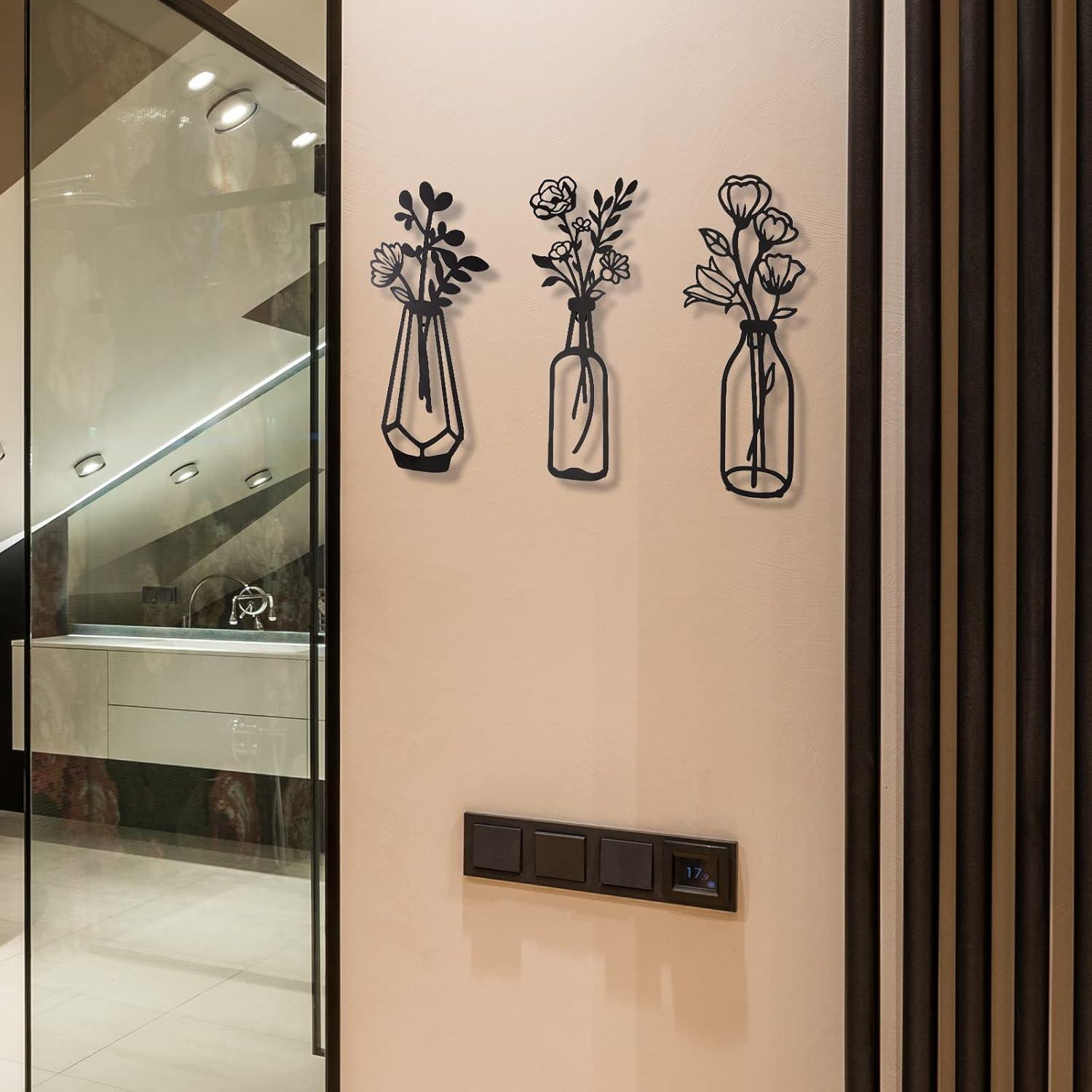 3 Pieces Black Metal Flowers Wall Decor Vase Art Sculptures Hanging for Indoor Kitchen Bathroom Dining Room Patio, 14.56x7.48 Inches