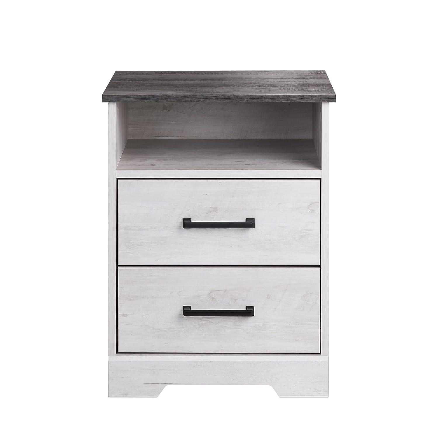 Prepac Rustic Ridge Farmhouse Nightstand with 2 Drawers and Open Cubby Washed White