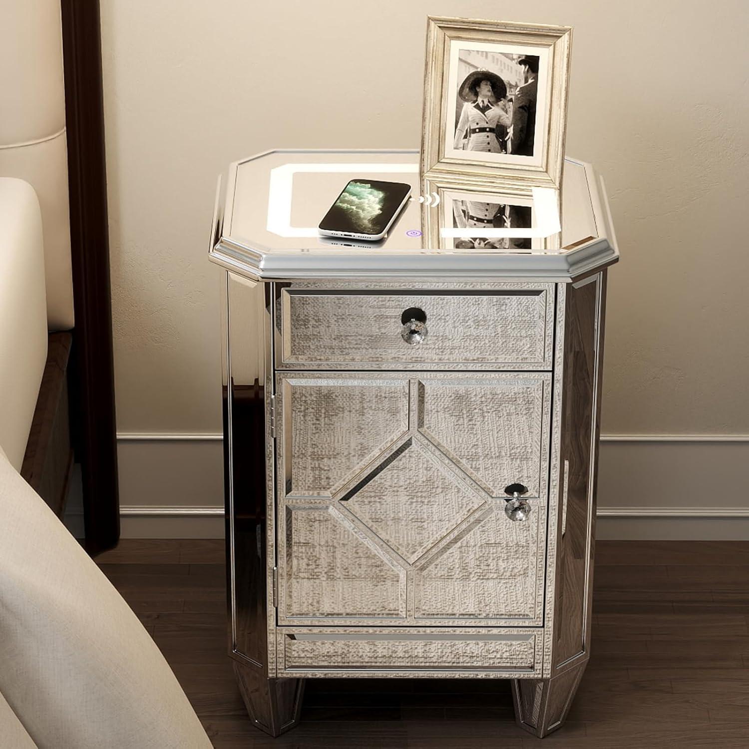 COSVALVE 3 Drawers Mirrored Nightstand Silver Glass Crystal Design Rectangle End Table with Wireless Charging Station, LED Lights, Charge USB Port