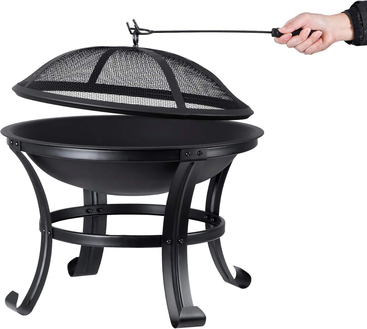 22-Inch Black Steel Round Fire Pit with Mesh Lid