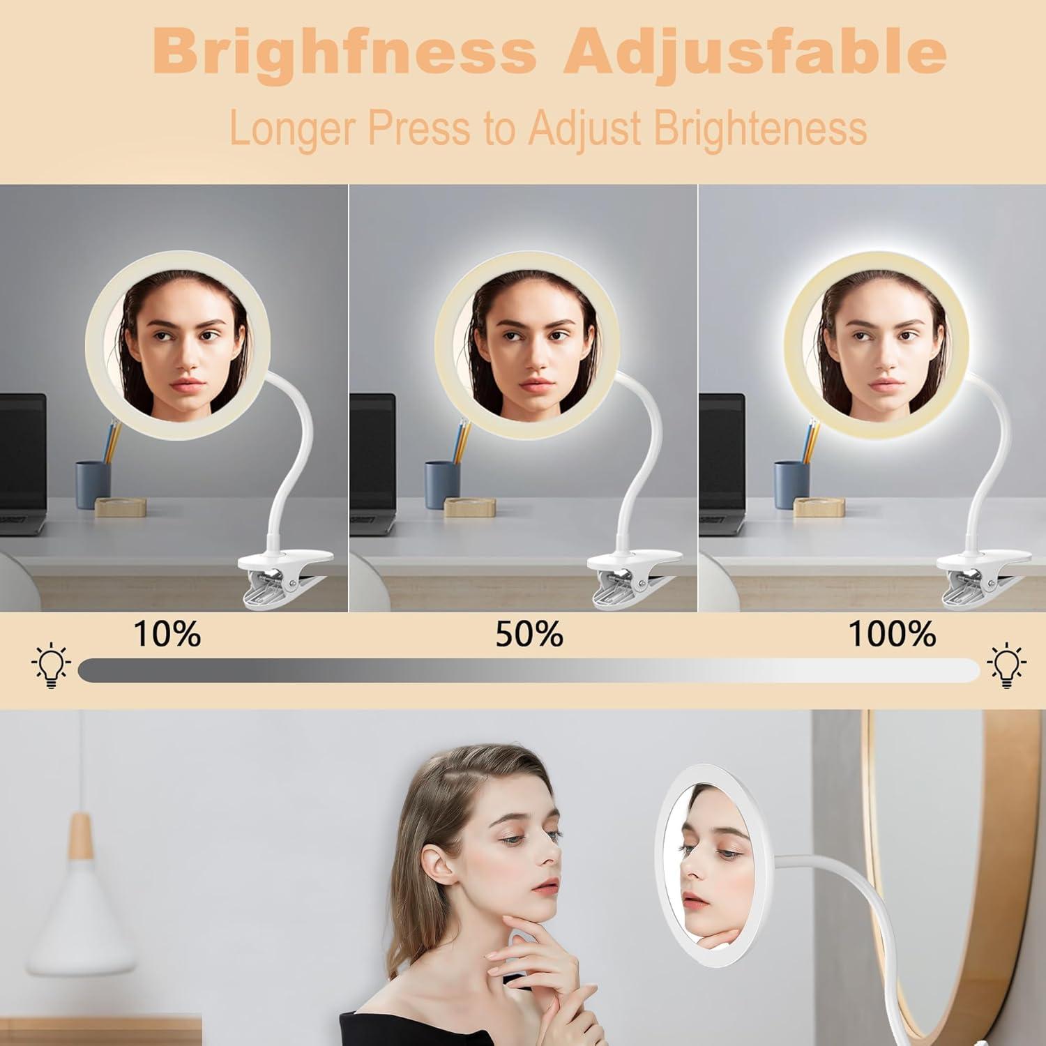 TUSHENGTU 6.5" White Swan-Neck Clamp Mirror , LED Vanity Mirror , USB Charging,360° Rotation