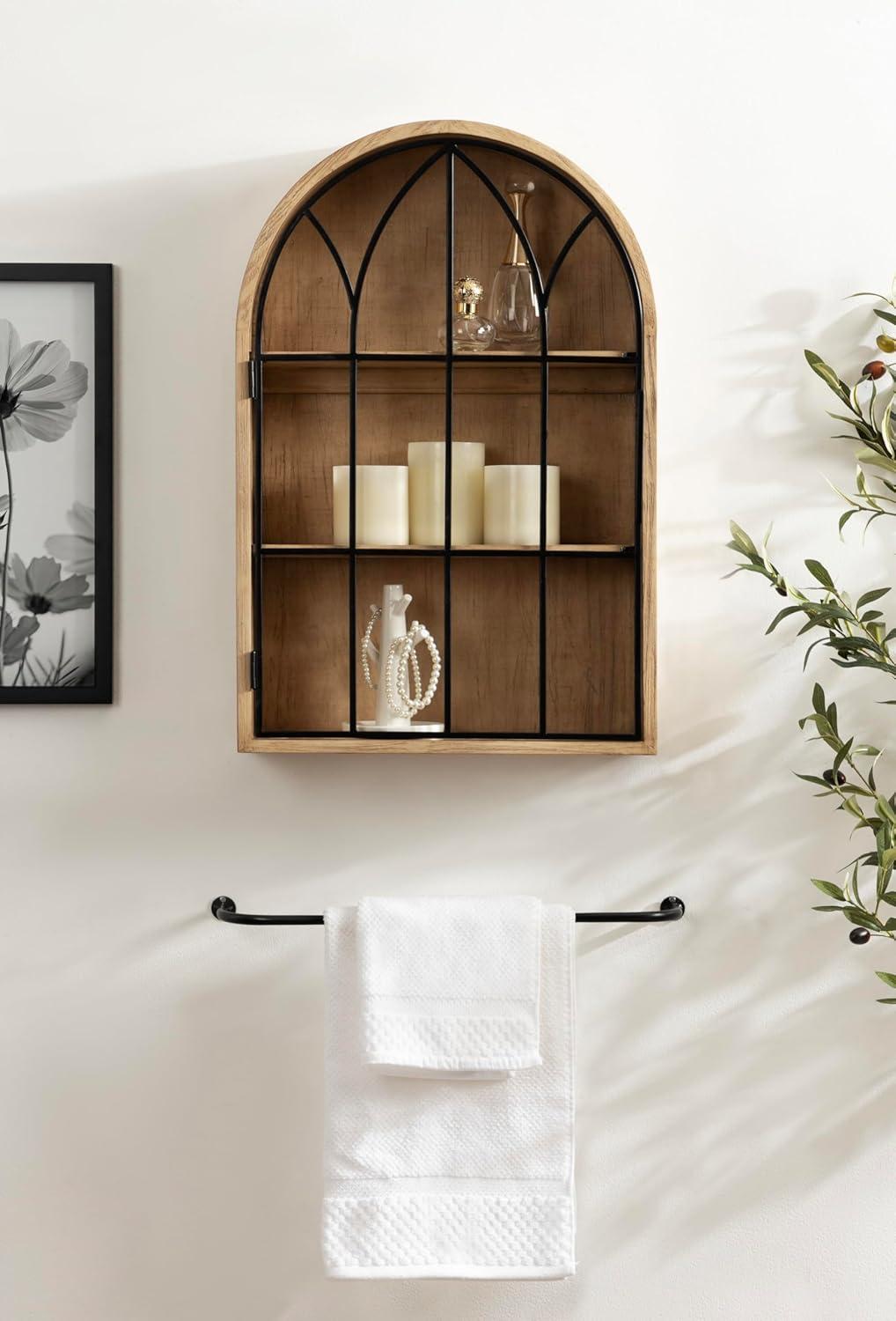 Natural Wood and Black Arched Wall Cabinet with Metal Door