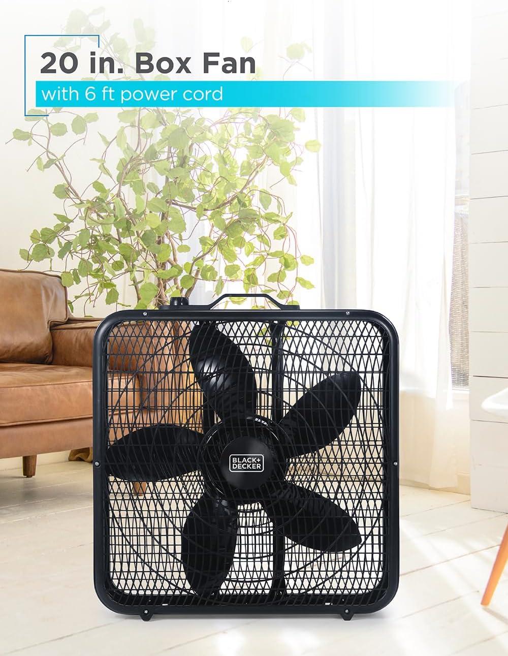 BLACK+DECKER BFP Series BLACK+DECKER 20” Box Fan with 3 Speed Settings, Powerful 80W Motor, 5-Blade Box Fan with Carry Handle, Rotary Knob, Black