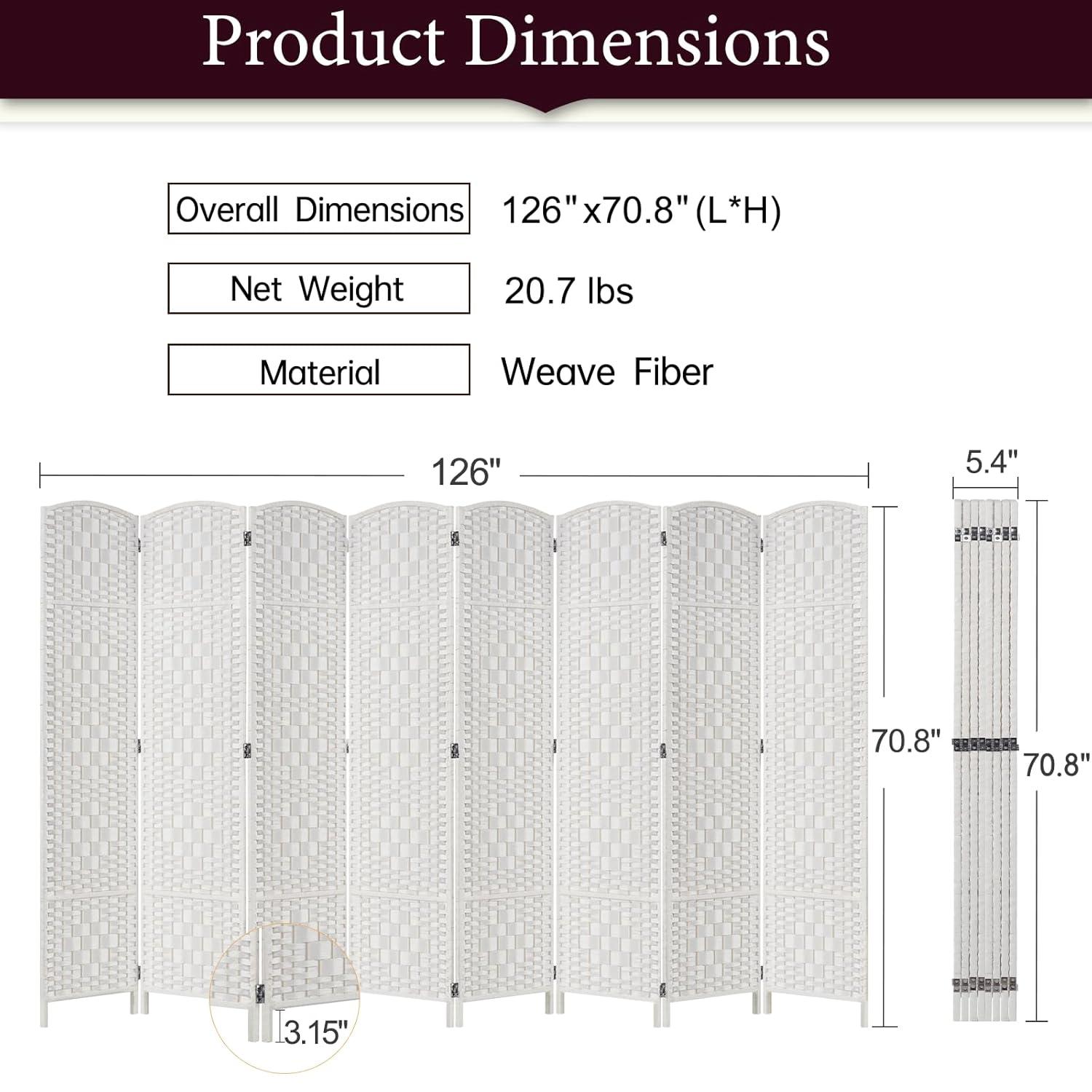 Rose Home Fashion 6 ft Tall Room Divider, Room Dividers and Folding Privacy Screens, 15.7in Privacy Screen 8 Panel Partition Temporary Wall Separation for Private, White