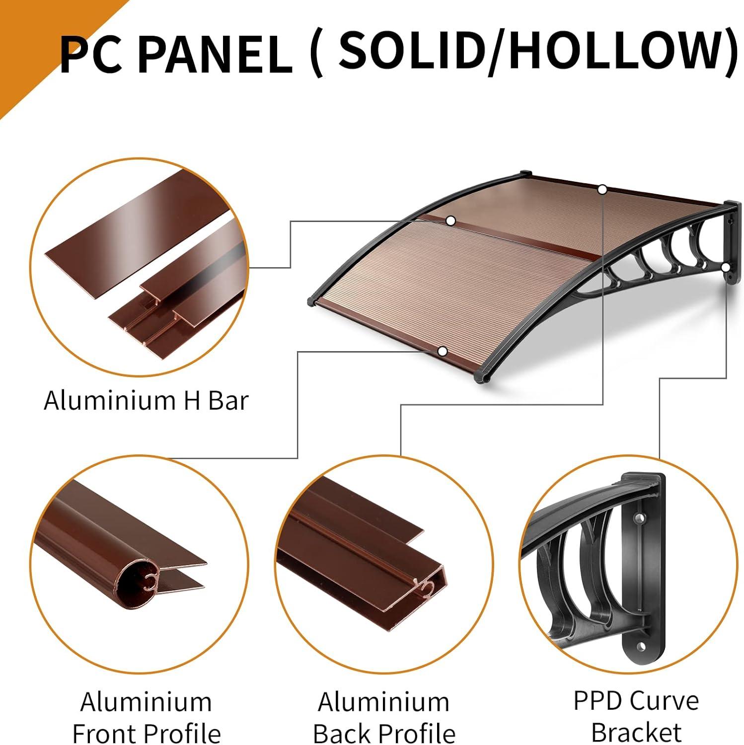 QuellQuest Window Awning Door Canopy, 40" x 40" Window Awning Overhead Door Modern Polycarbonate Cover Outdoor Front Door Patio Canopy UV Rain Snow Sunlight Protection Hollow Sheet/Brown