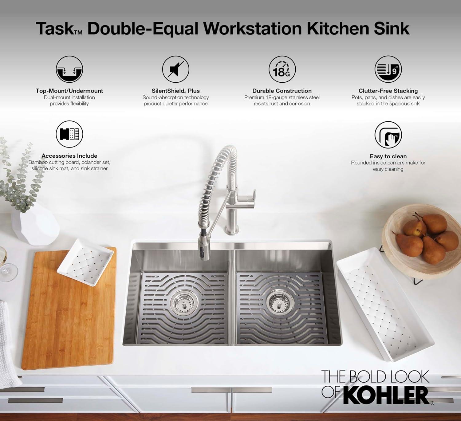 Task Smart Divide33-In X 22-In Top-Mount/Undermount Double-Equal Workstation Kitchen Sink With Accessories