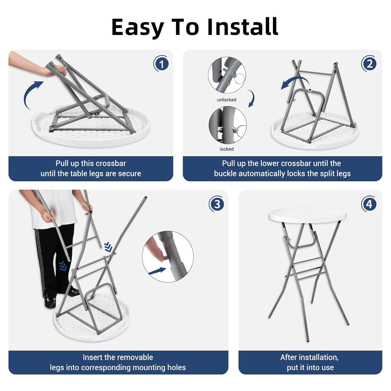 28in Cocktail Table White High Top Folding, Round Portable Bar Height Folding Table with Removable Legs, Indoor Outdoor Banquet for Parties, Commercial, Speech, School