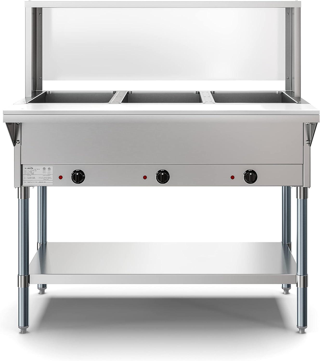Five Pan Open Well Electric Steam Table with Undershelf and Sneeze-Guard, 240V, KM-OWS-5SG.