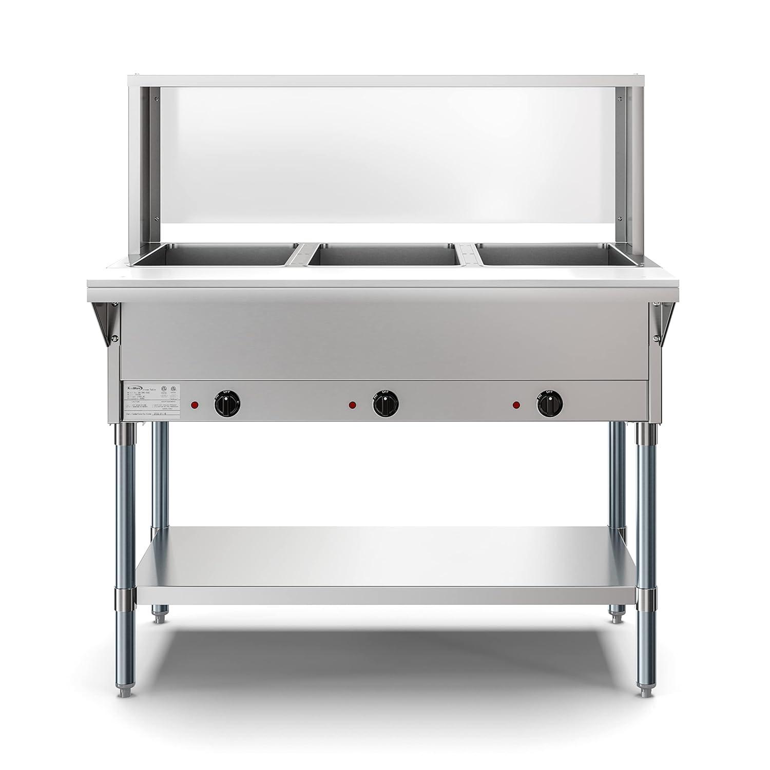 Five Pan Open Well Electric Steam Table with Undershelf and Sneeze-Guard, 240V, KM-OWS-5SG.