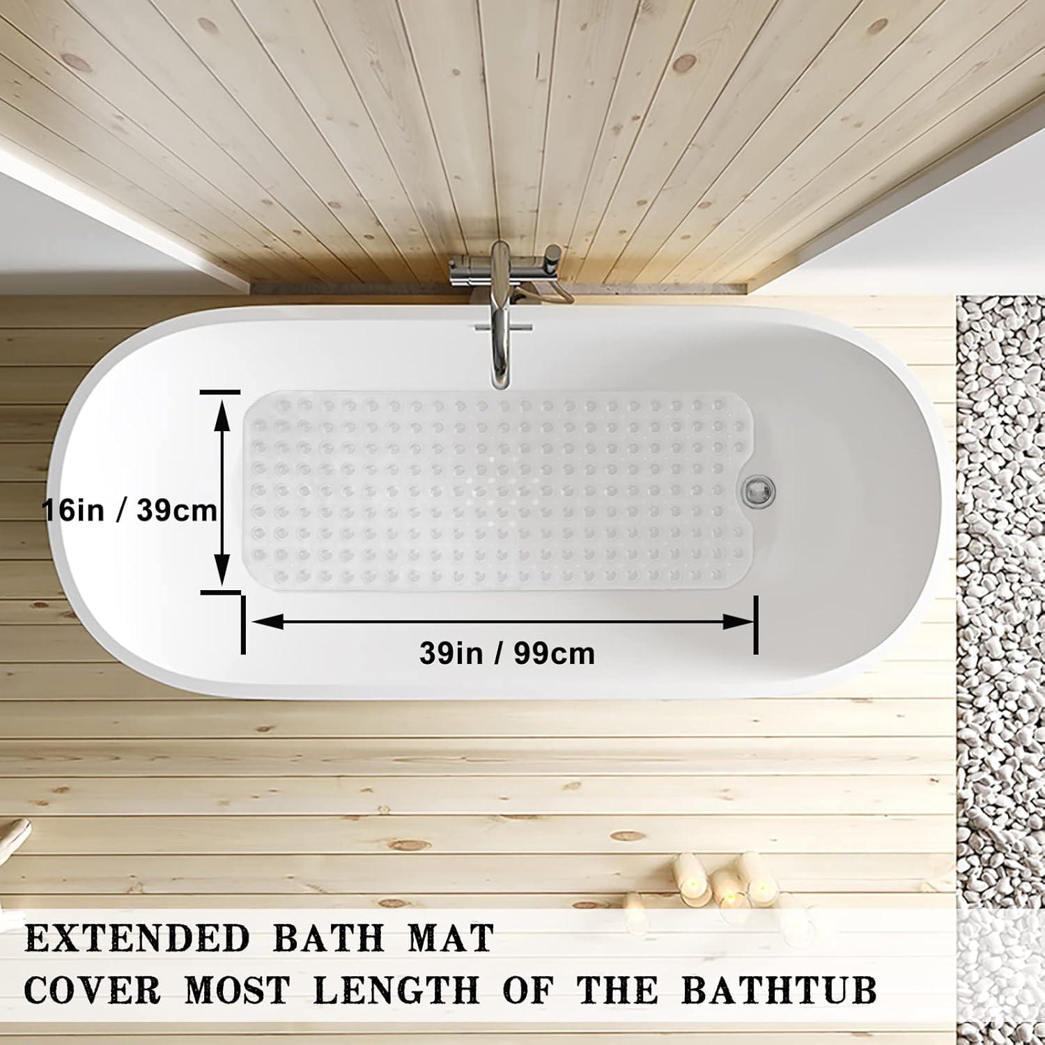 Bathtub Mats for Shower Tub Extra Long Non-Slip Bath Mat, 39 x 16 Inch Shower Mat with Drain Holes and Suction Cups, Bath Tub Mat for Bathroom with Machine Washable (Clear)