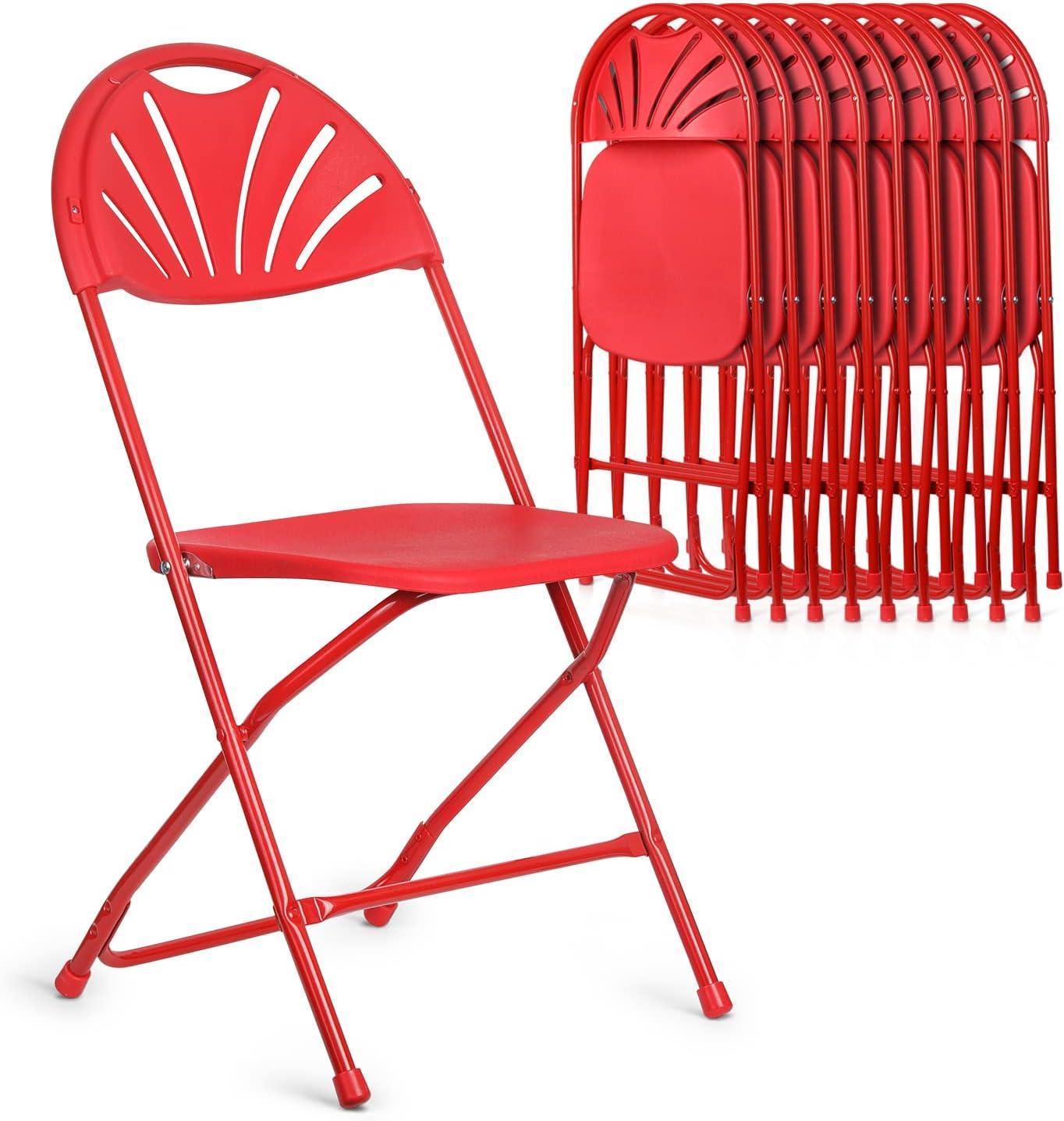 MoNiBloom Folding Plastic Chair, 10 Pack Portable Commercial Seat with Fan Back, for Wedding Camping, Red