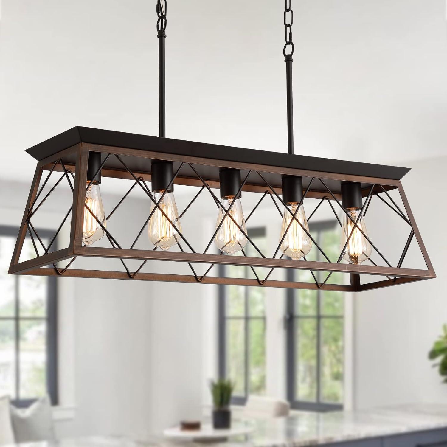 Progress Lighting Briarwood 5-Light Linear Chandelier, Antique Bronze, Faux-Painted Wood Enclosure