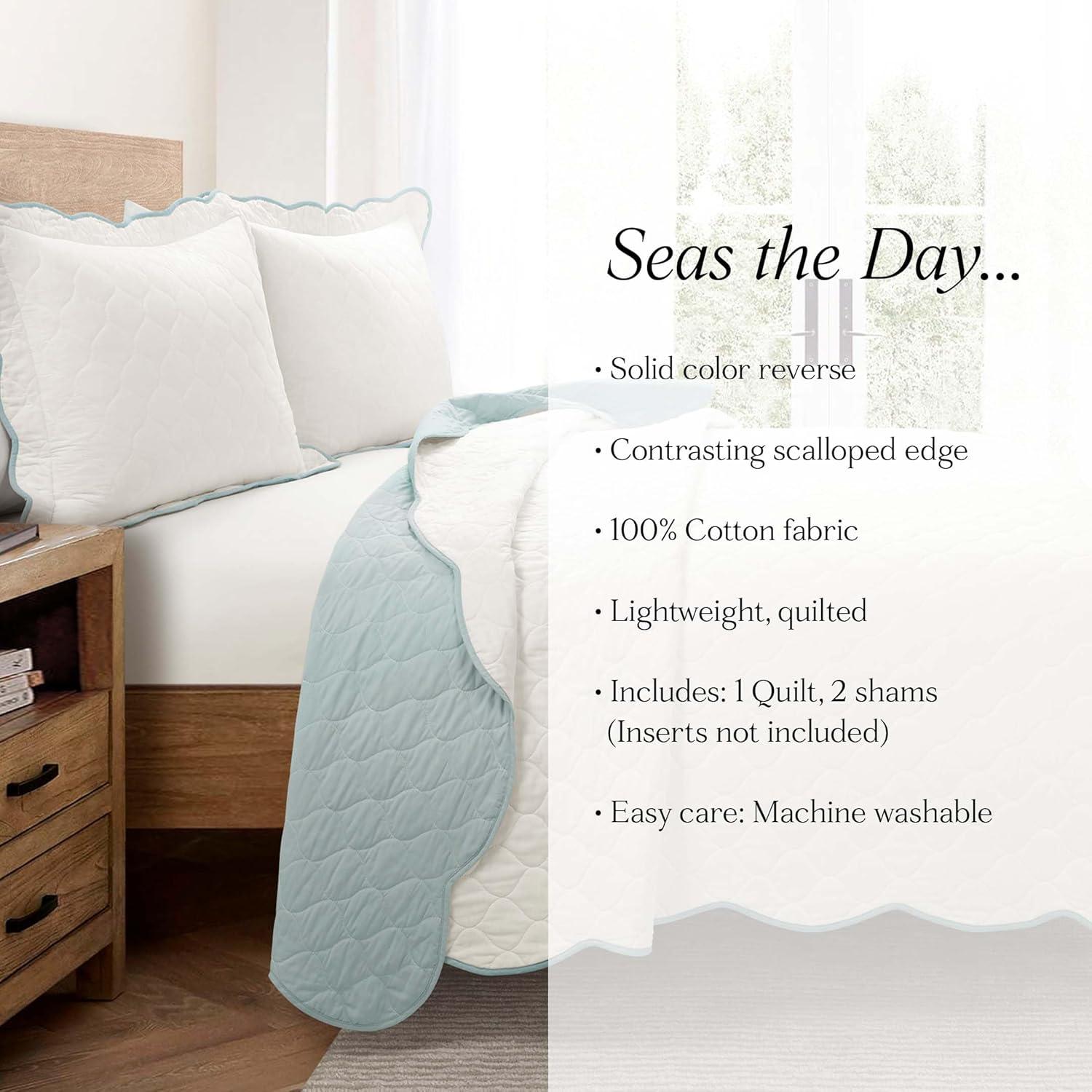 3pc Full/Queen Coastal Chic Scallop Edge Reversible Quilt Set Blue - Lush Décor: OEKO-TEX Certified, Cotton Fill