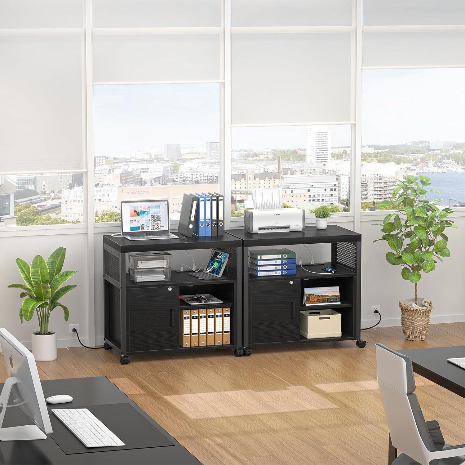 Unikito Rolling File Cabinet Lateral Office Filing Cabinets with Socket and USB Charging Port, Modern Printer Stand on Wheels, Printer Cabinet with Door and Open Storage, Lockable, White