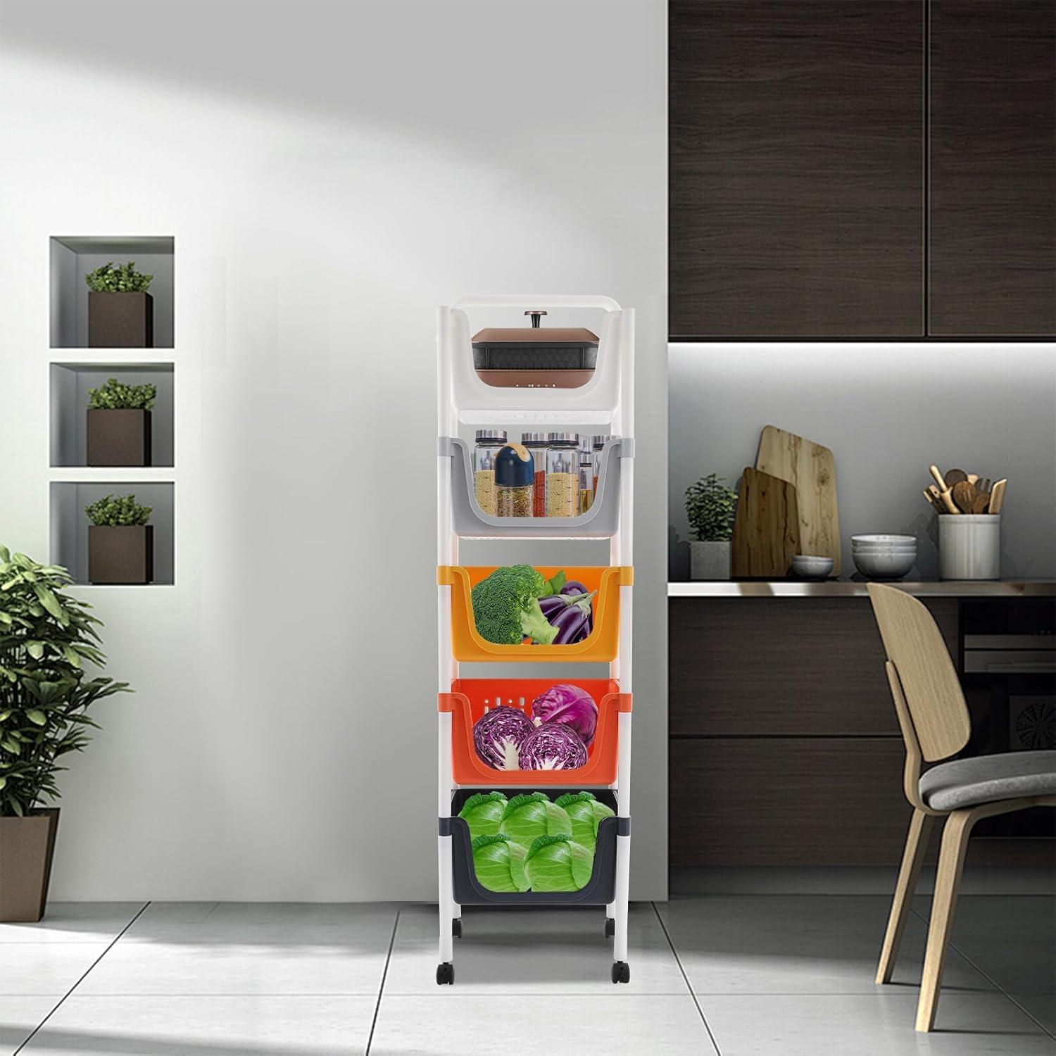 Colorful 5-Tier PP Kitchen Storage Rack with Wheels