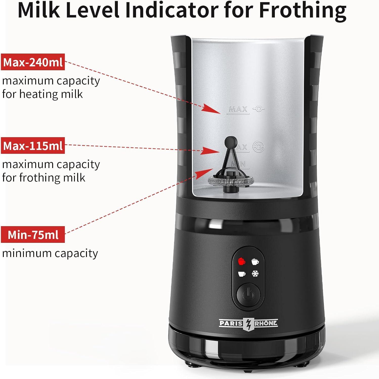 Paris-Rhône Milk Frother, Paris Rhône Milk Frother And Steamer For Hot And Cold Foam, 4-in-1 Electric Milk Frother For Coffee, Quiet Milk Steamer With Auto Shut Off, Milk Warmer For Latte, Cappuccino, Macchiato