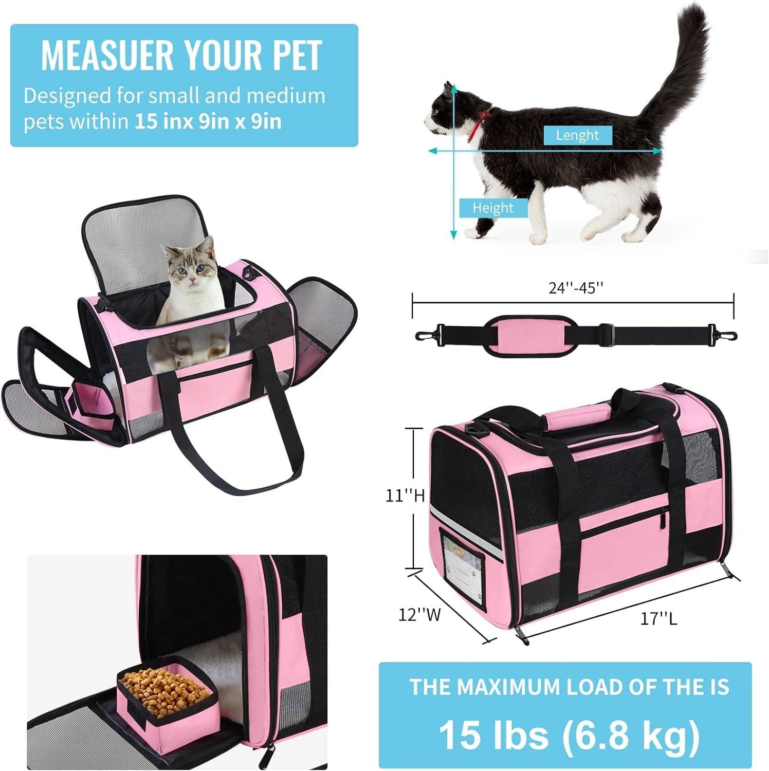 Cat Carrier Pet Carriers Airline Approved for Small Dogs Kitten Carriers for Small Medium Cats Under 15lb, Collapsible Soft Sided TSA Approved Travel Carrier, Pink