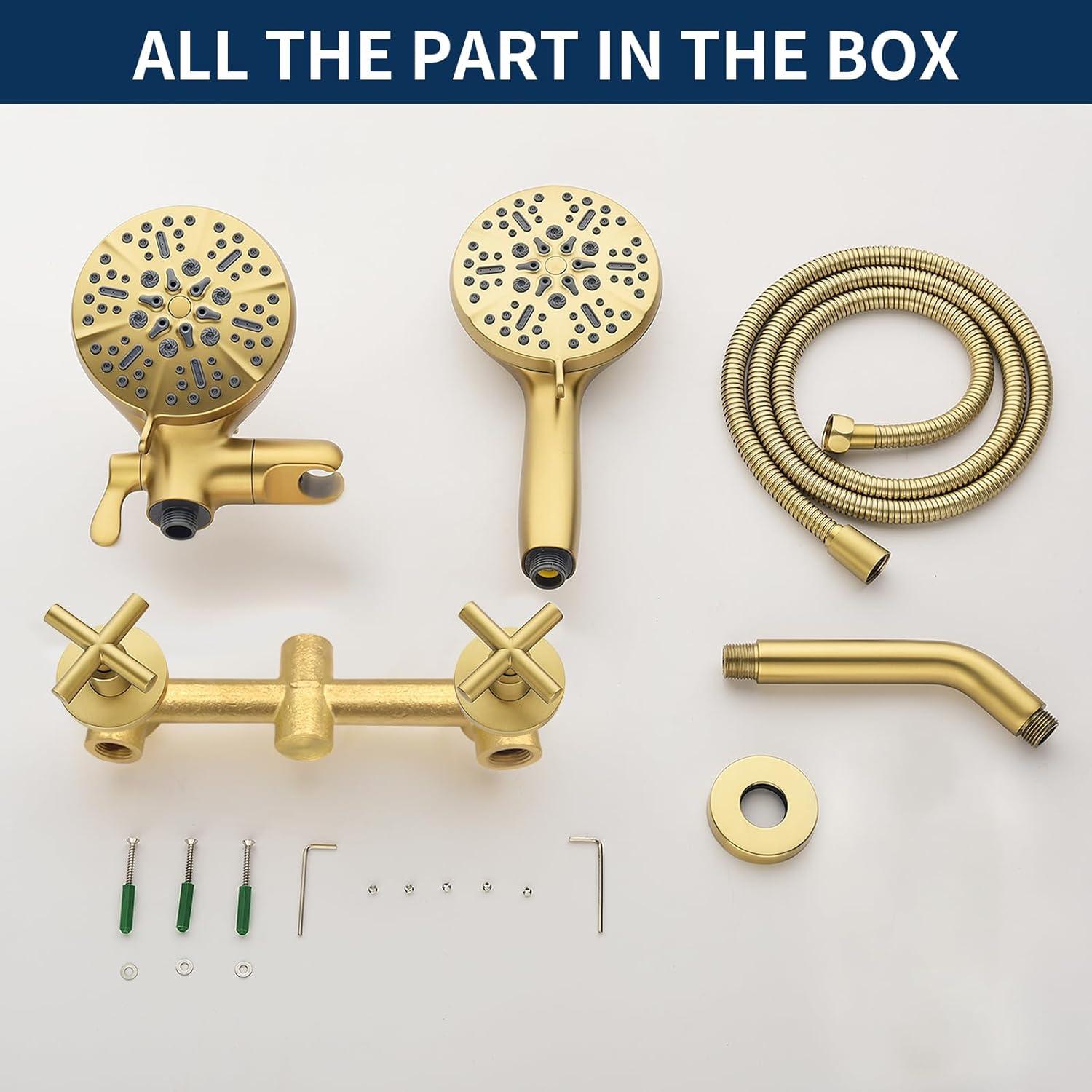 2 Handle Shower Faucet Shower System Complete 2 in 1 Shower Combo Set with Handheld Showerhead Shower Trim Kit Wall Mounted Shower Fixtures Brushed Gold