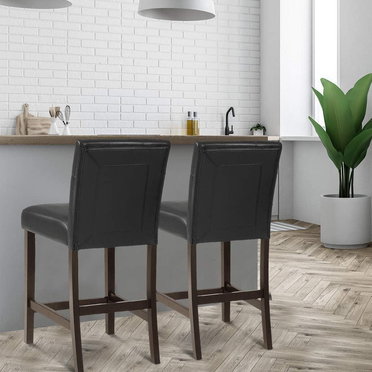 Costway Set of 2 Bar Stools 25inch Counter Height Barstool Pub Chair Rubber Wood Black