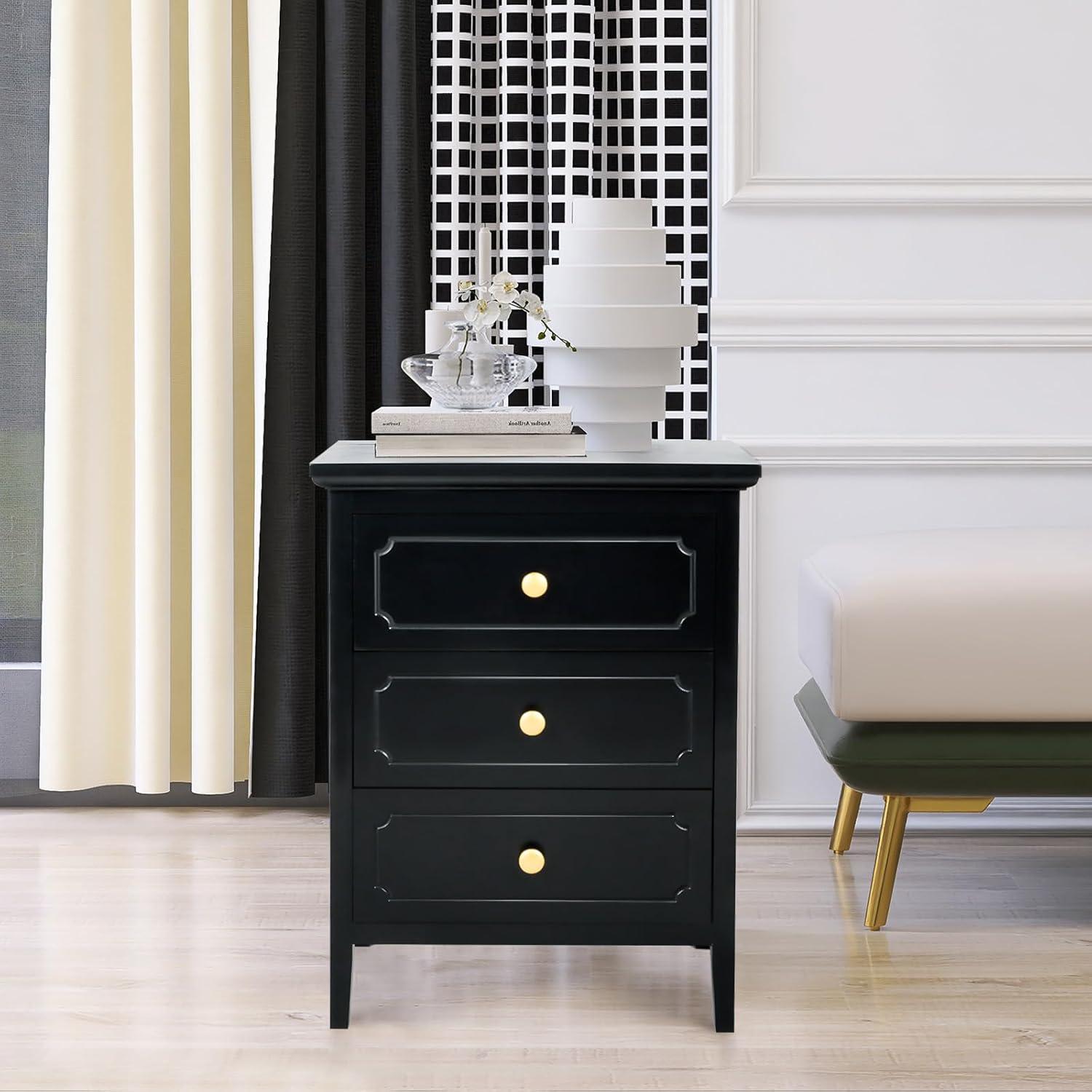 Black MDF 3-Drawer Nightstand with Gold Knobs