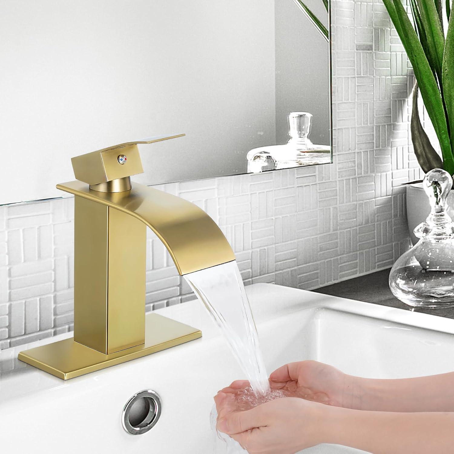 WOWOW Brushed Gold Waterfall Bathroom Faucet  Single Handle Faucet for Bathroom Sink