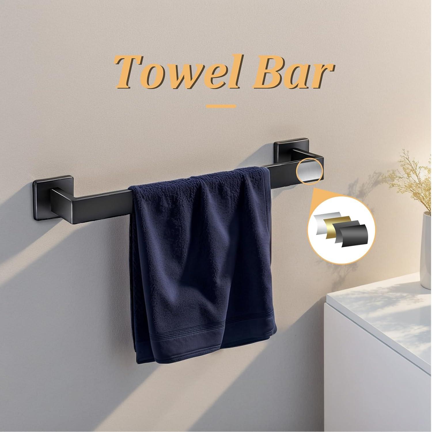 5 Pieces Square Matte Black Stainless Steel Bathroom Accessories Set Include 23.6 in Towel Bar, Toilet Paper Holder, Towel Ring, 2 Robe Towel Hooks
