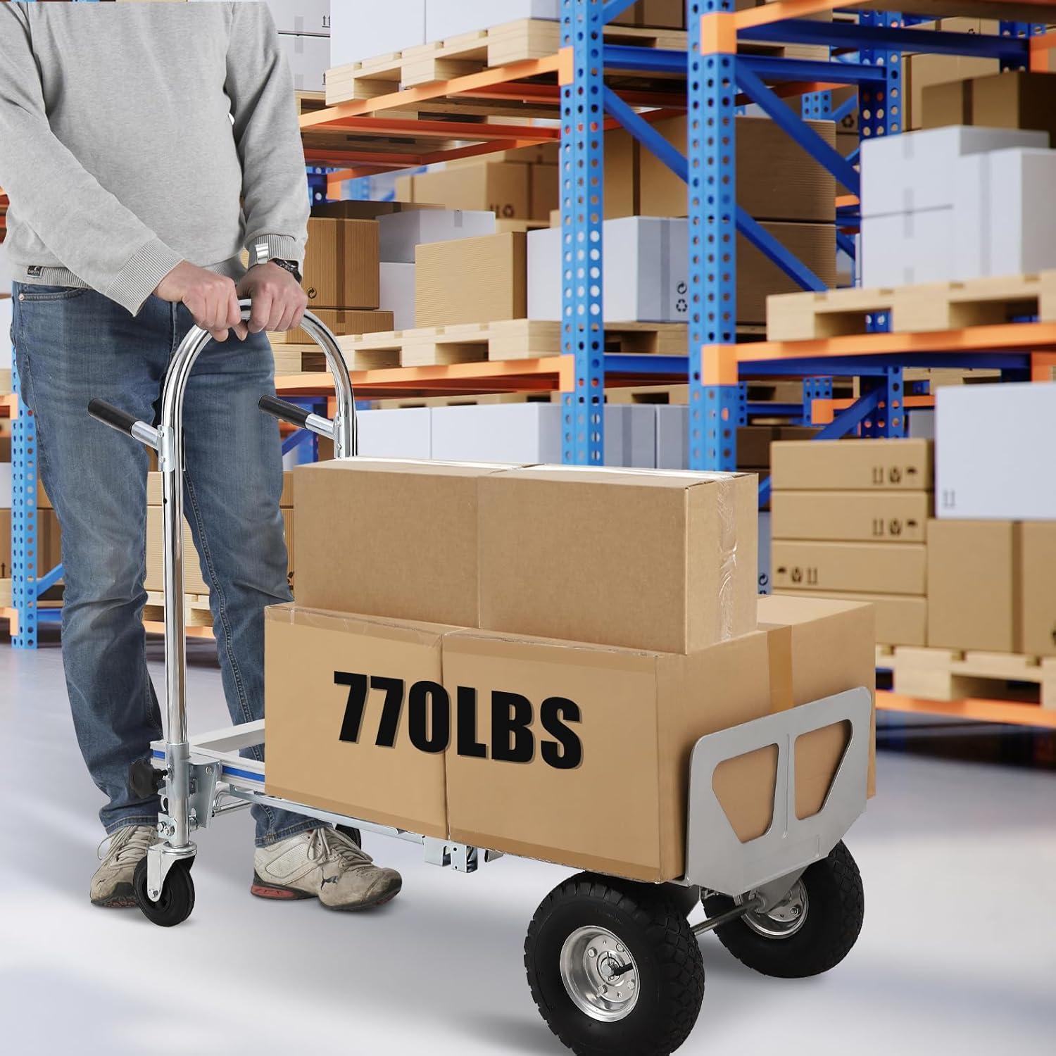 Silver Aluminum Folding Hand Truck Dolly with Wheels, 770 lbs Capacity