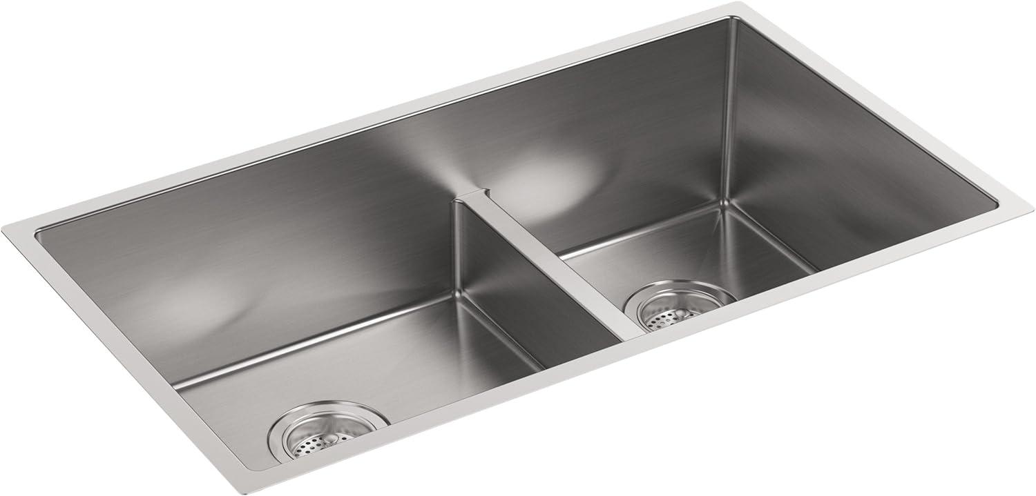 Strive 32" L x 18-5/16" W x 9-5/16" Smart Divide Under-Mount Large/Medium Double-Bowl Kitchen Sink with Basin Rack