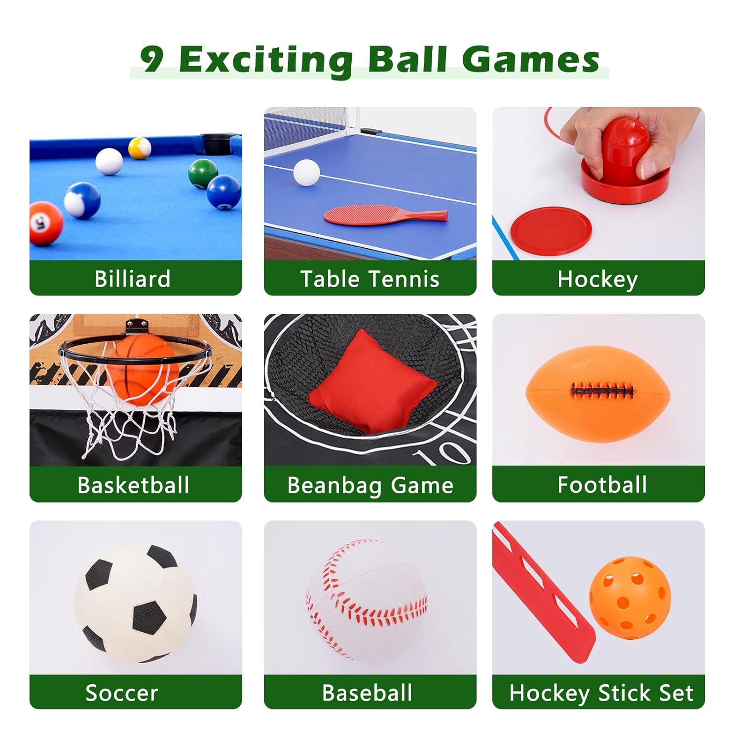 48" Multi Game Table, 9 in 1 Combo Game Table, Arcade Combination Game Table Set w/Billiards, Ping Pong, Hockey, Basketball, Bean Bag and Foosball for Adult, Kids, Home,Game Room