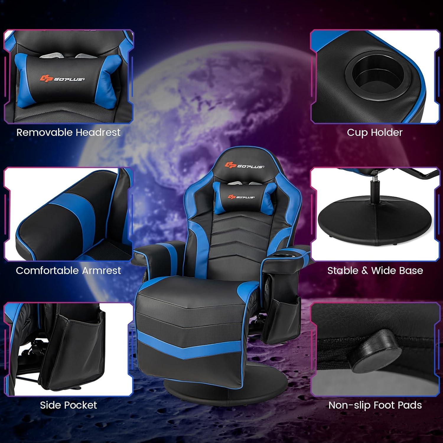 POWERSTONE Gaming Recliner Massage Gaming Chair with Footrest Ergonomic PU Leather Single Sofa with Cup Holder Headrest and Side Pouch, Adjustable Living Room Chair Seating, Black