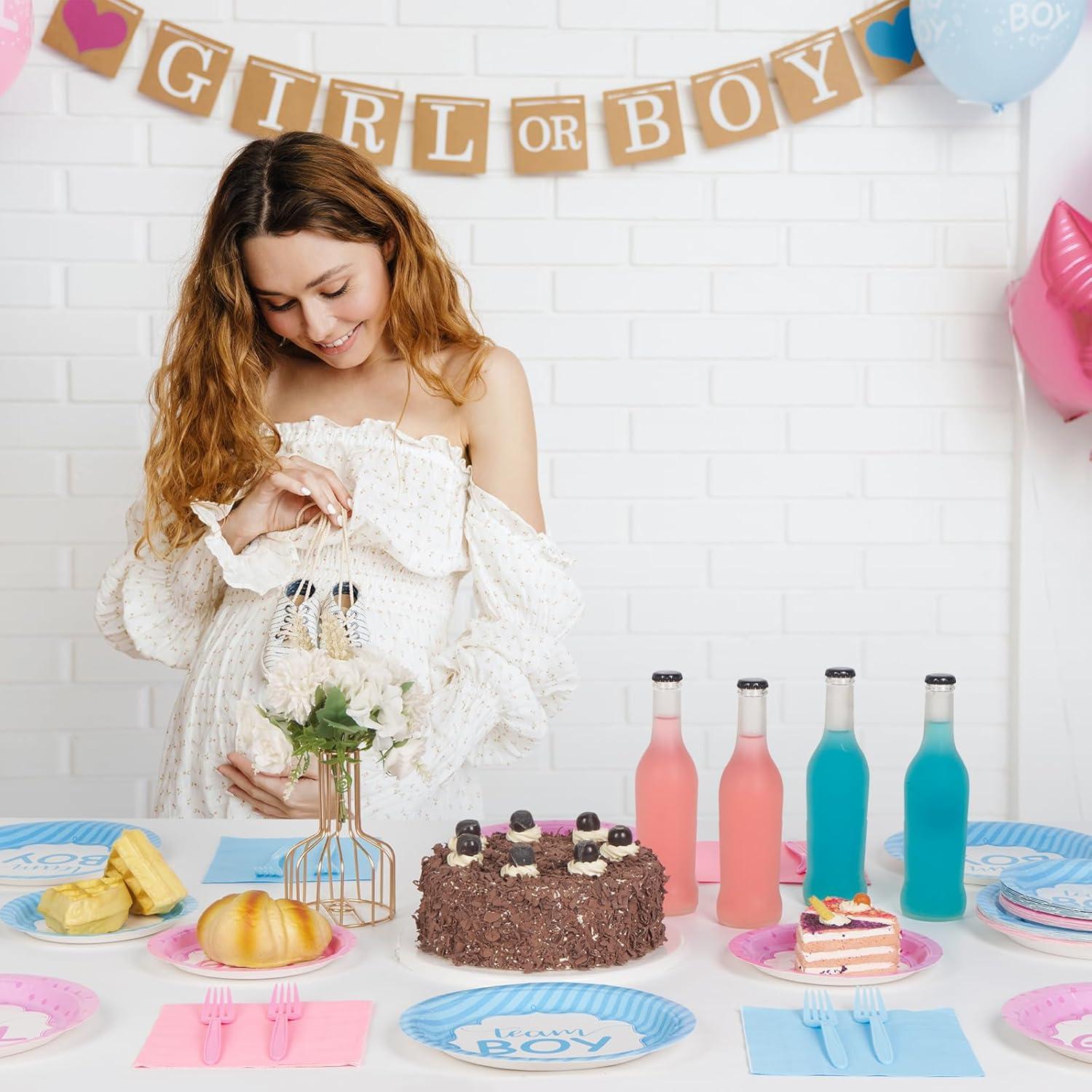 DECORLIFE Gender Reveal AJH3 Plates Serves 24, Boy or Girl Gender Reveal Party Supplies Includes Napkins and Forks for Baby Shower Reveal Party Decorations, Total 96PCS