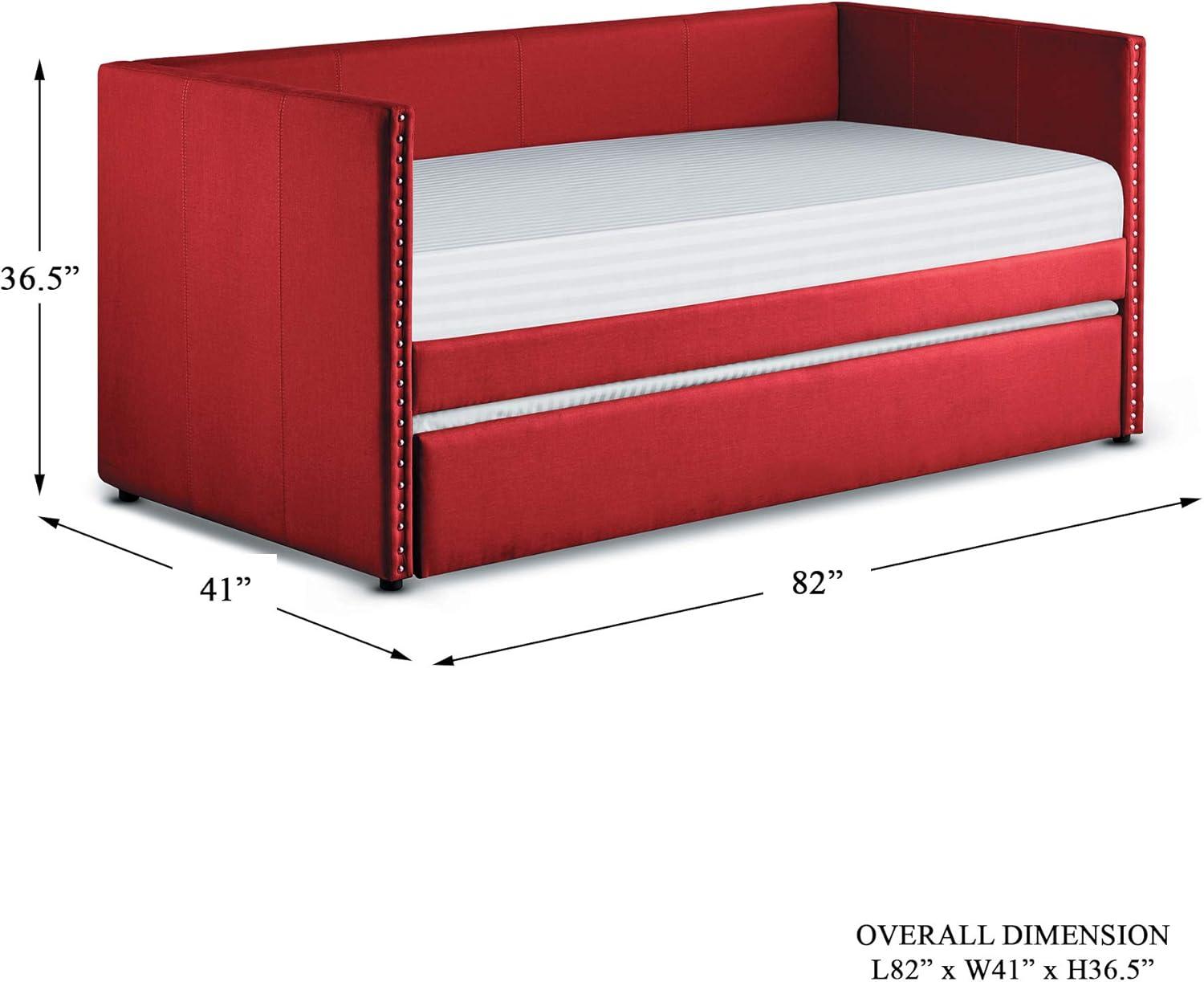 Red Twin Upholstered Daybed Frame with Nailhead Trim