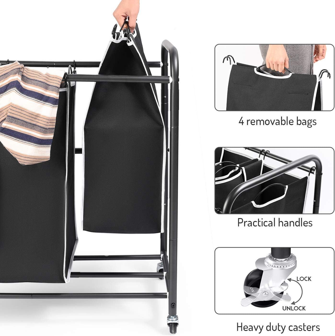 Black 4-Compartment Rolling Laundry Sorter with Removable Bags