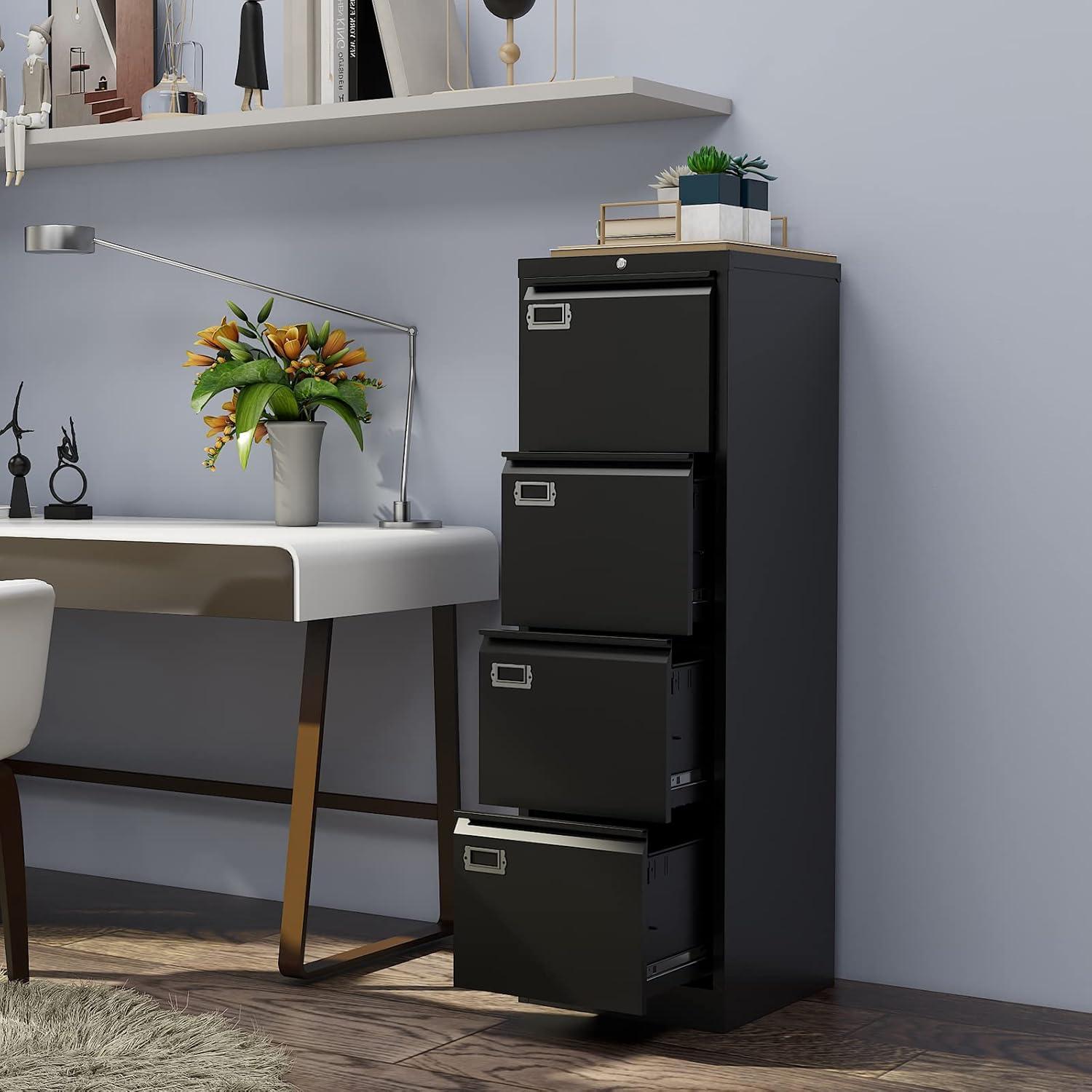 Black Metal 4-Drawer Lockable Vertical Filing Cabinet