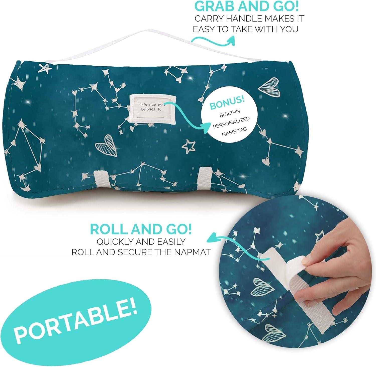 Toddler Nap Mat - Sleeping Bag for Kids with Removable Pillow and Ultra Soft Blanket for Preschool, Daycare, and Sleepovers - Night Sky
