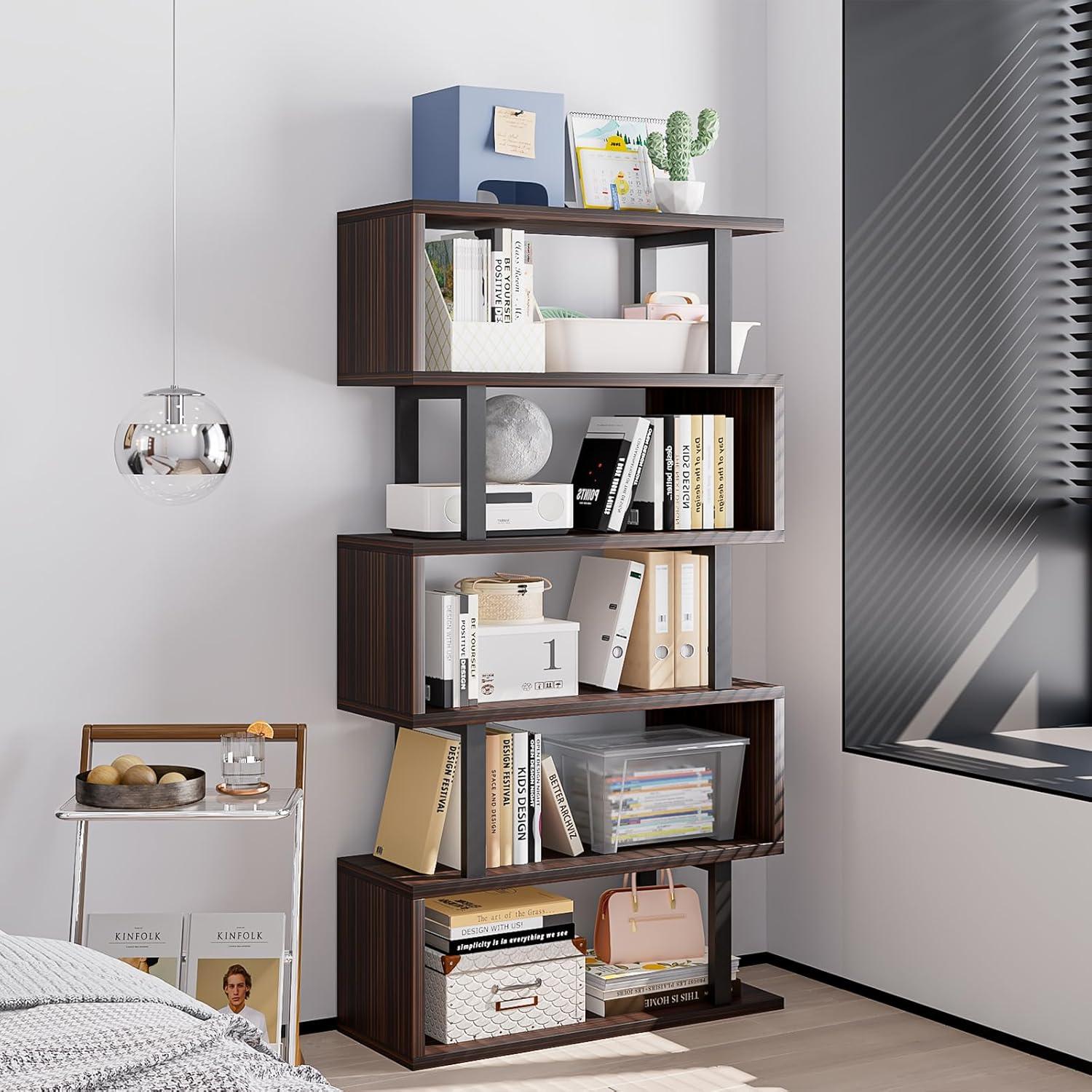 Black Geometric S-Shaped 5-Tier Kids' Bookshelf with Cubes