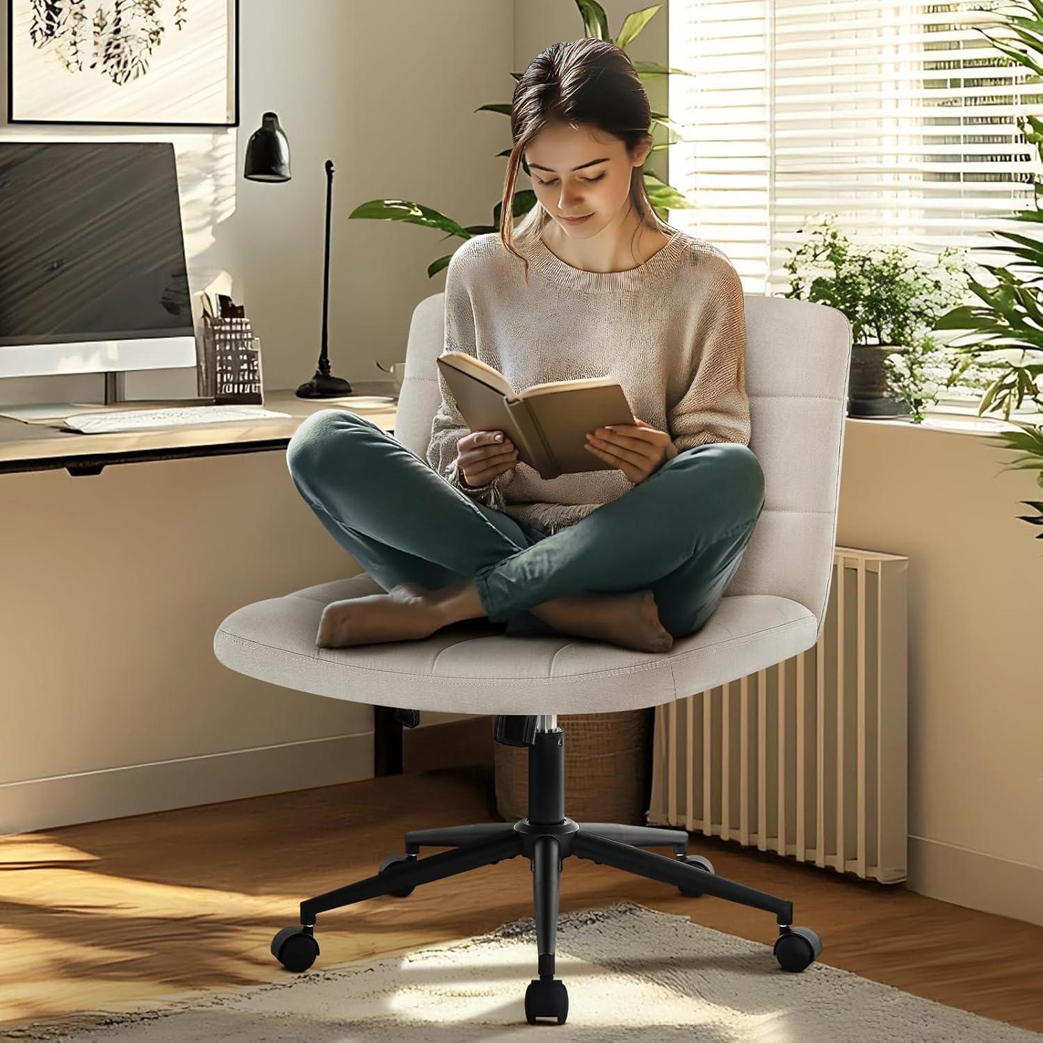 Furniliving Modern Armless Office Desk Chair, Velvet Cute Vanity Chair with Lumbar Support, 360° Swivel Office Chair for Bedroom, Office, Pink