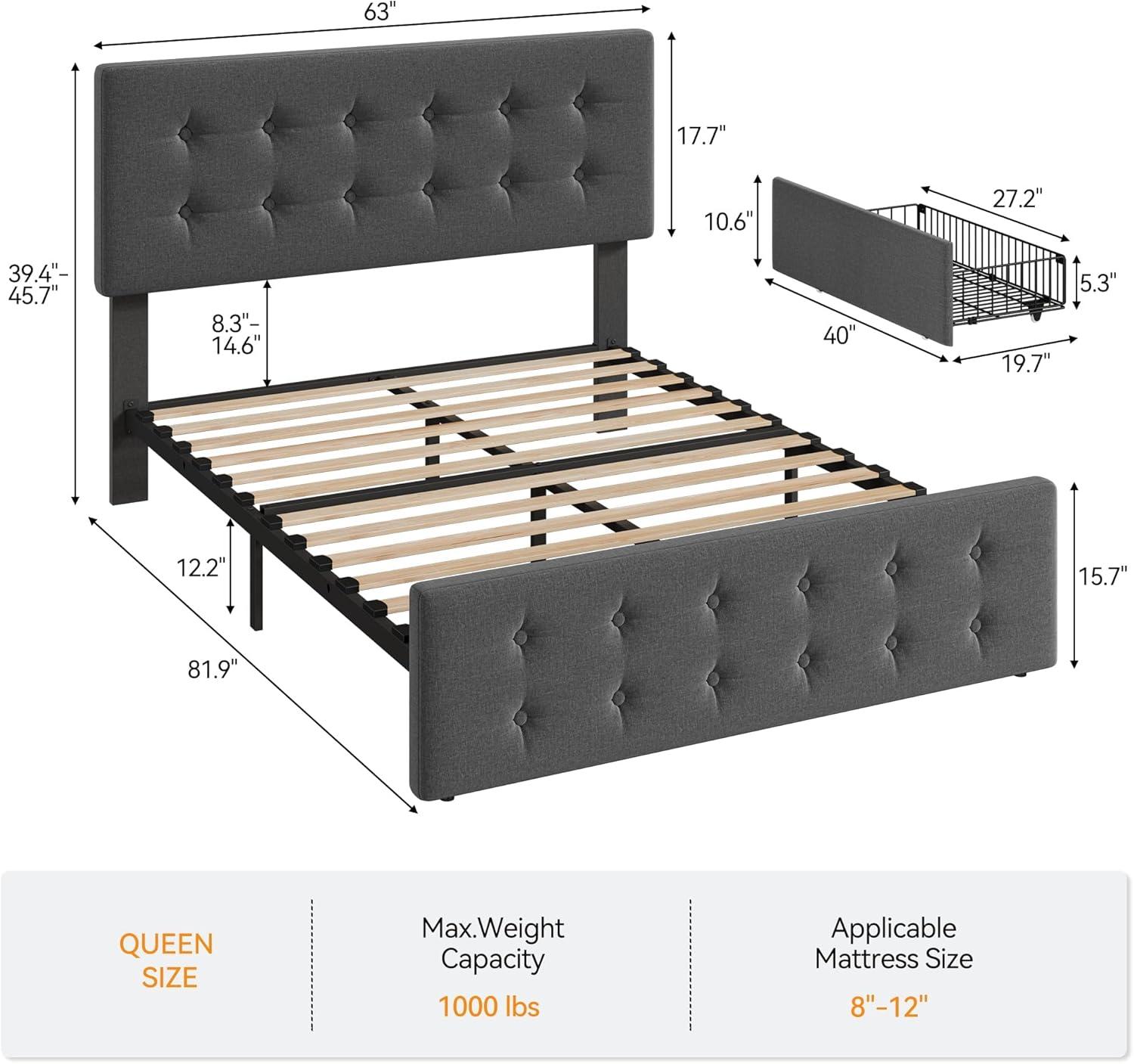 GAOMON Queen Size Bed Frame with 4 Storage Drawers and Headboard, Linen Upholstered Platform Bed Frame with Wooden Slats Support, Button Tufted Design, No Box Spring Needed, Dark Grey