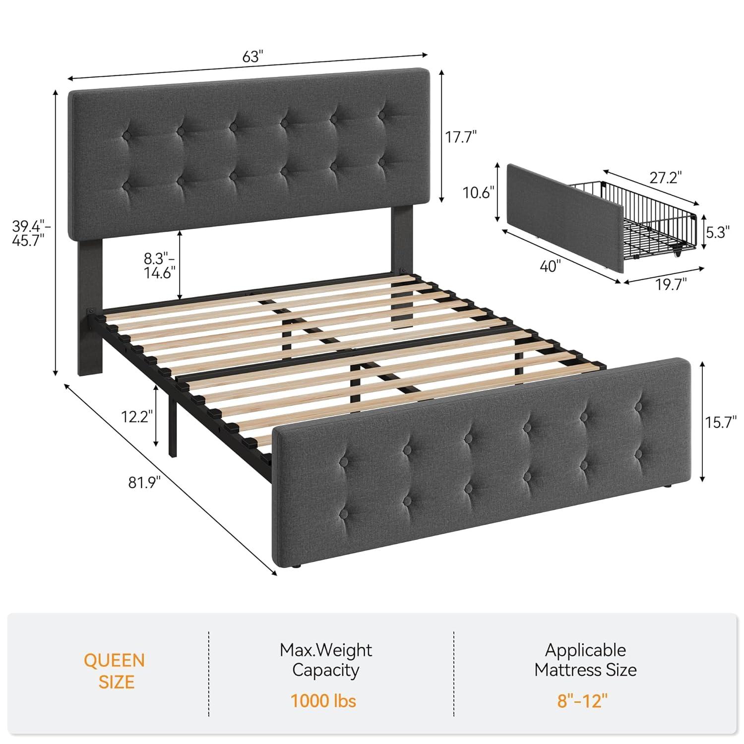 GAOMON Queen Size Bed Frame with 4 Storage Drawers and Headboard, Linen Upholstered Platform Bed Frame with Wooden Slats Support, Button Tufted Design, No Box Spring Needed, Dark Grey