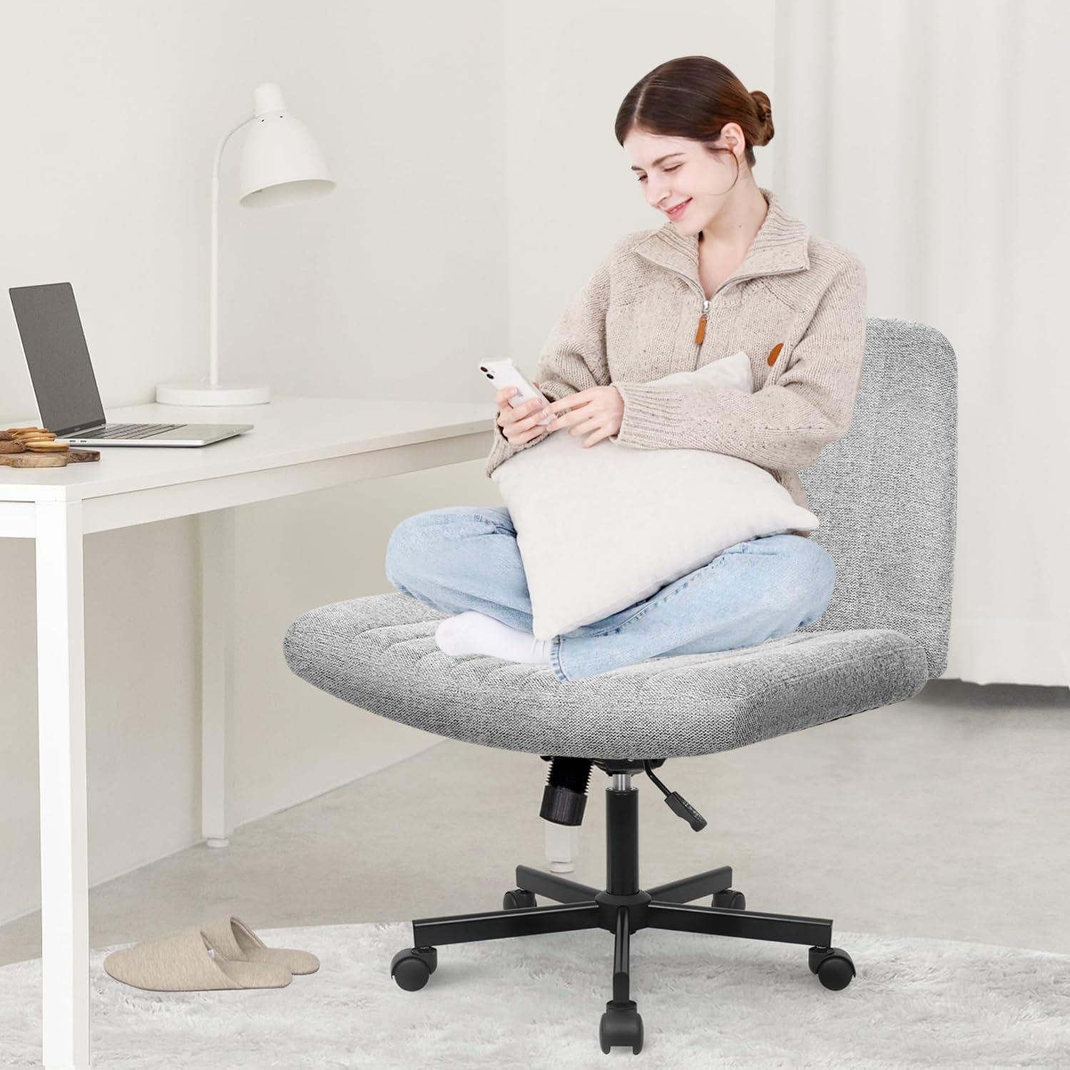 Orange Factory Criss Cross Chair with Wheels, Armless Cross Legged Office Desk Chair, Wide Comfy Vanity Rolling Swivel Modern Comfortable Fabric Computer Task Chairs for Home Office (Grey)
