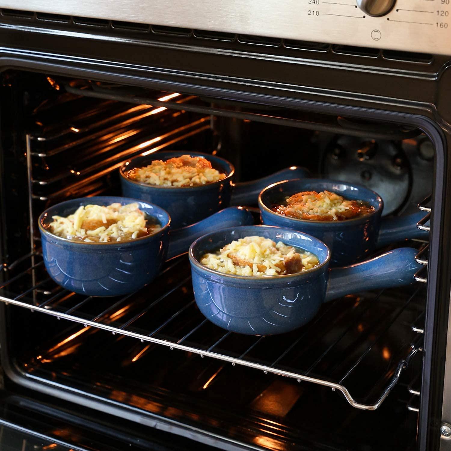 LE TAUCI Soup Bowls with Handle, 15 Oz Ceramic French Onion Soup Bowls, Large Soup Crocks Oven Safe for Stew, Onion, Soup, Chilli, Set of 4, Ceylon Blue