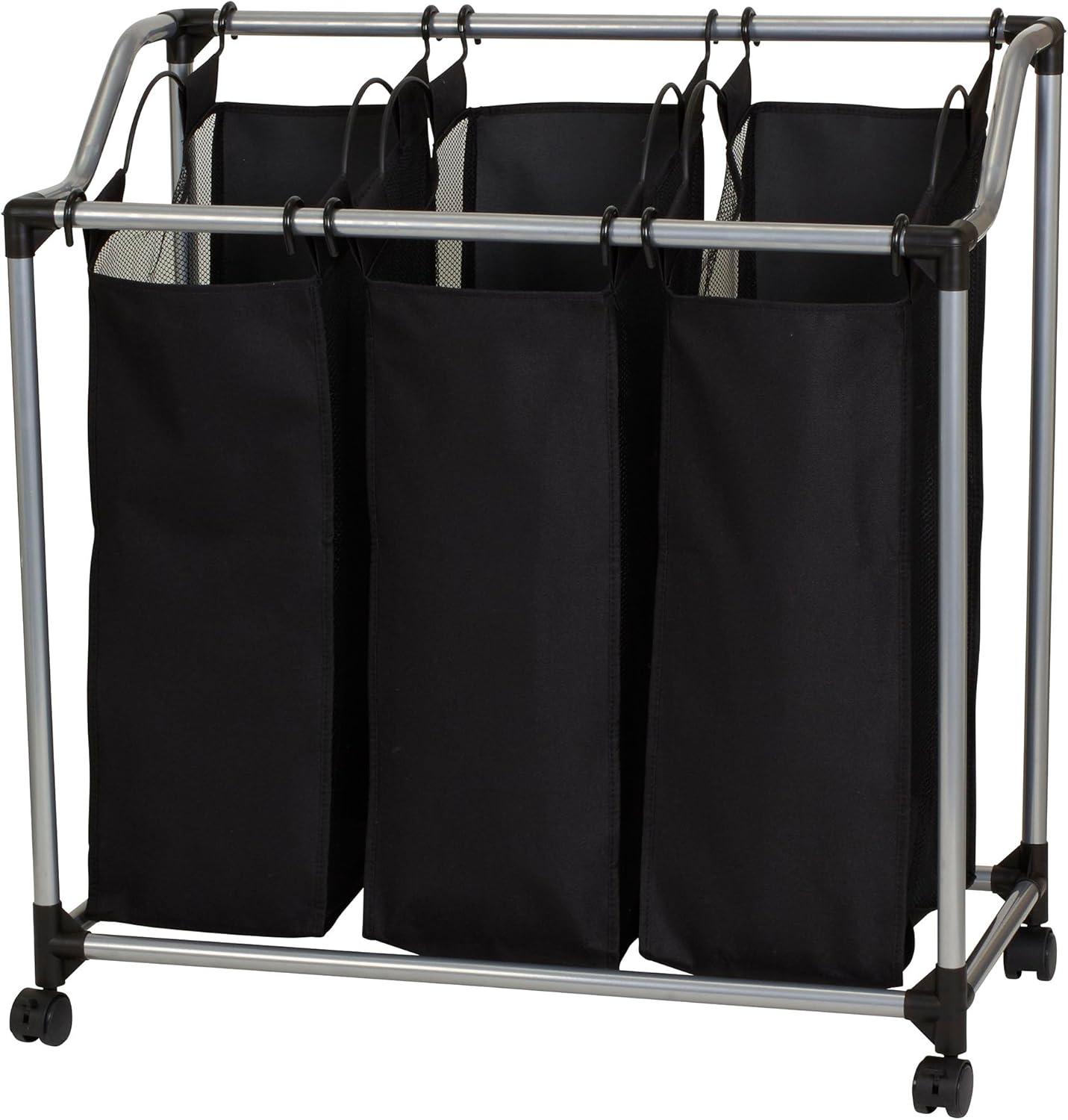 Household Essentials Triple Sorter Silver/Black: Rolling Clothes Hamper with Steel Frame & Sorter Bags