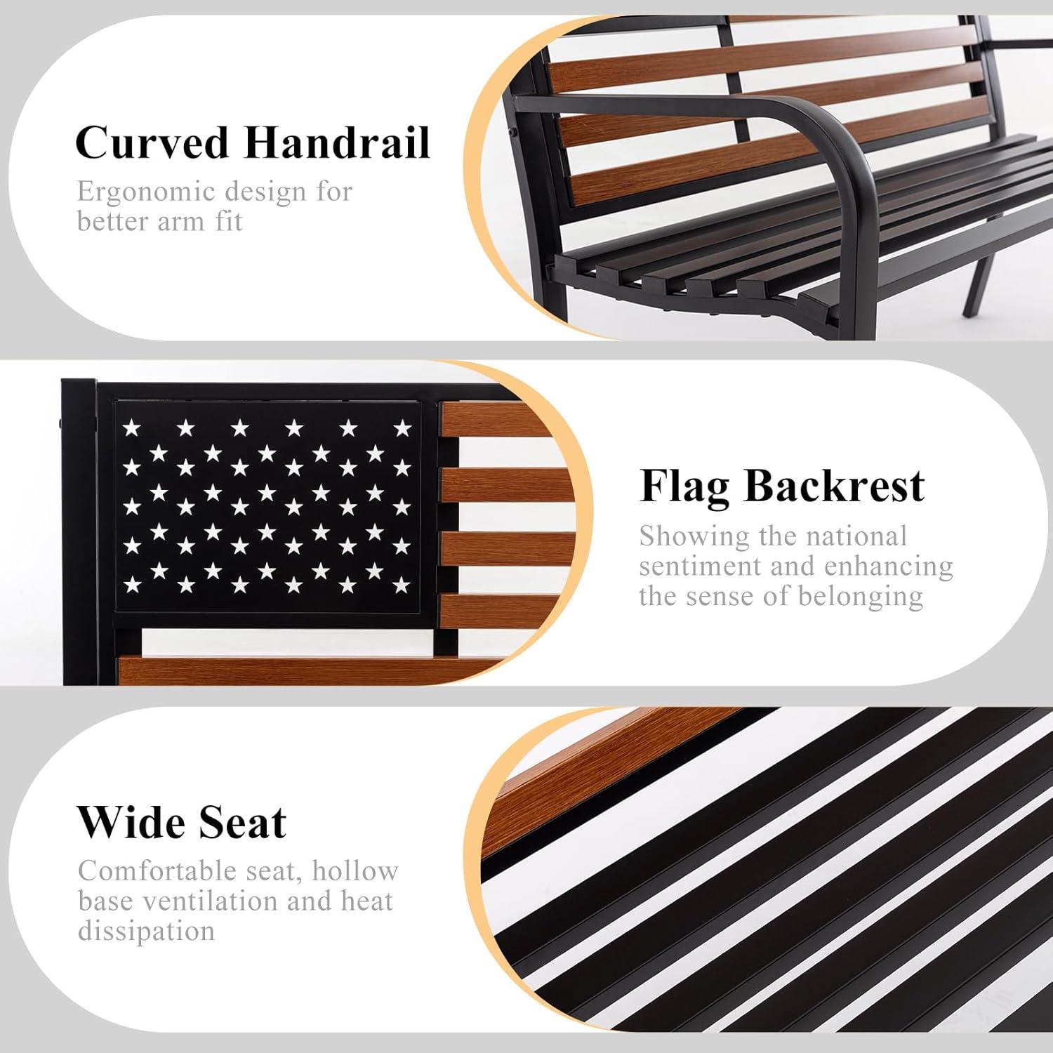 50" Outdoor Garden Bench, Cast Iron Metal Frame Patio and Porch Welcome Benches with Classic Americana Style Backrest and Weatherproof Seat, Park Decorative Memorial Bench (Black & Woodgrain Colors)