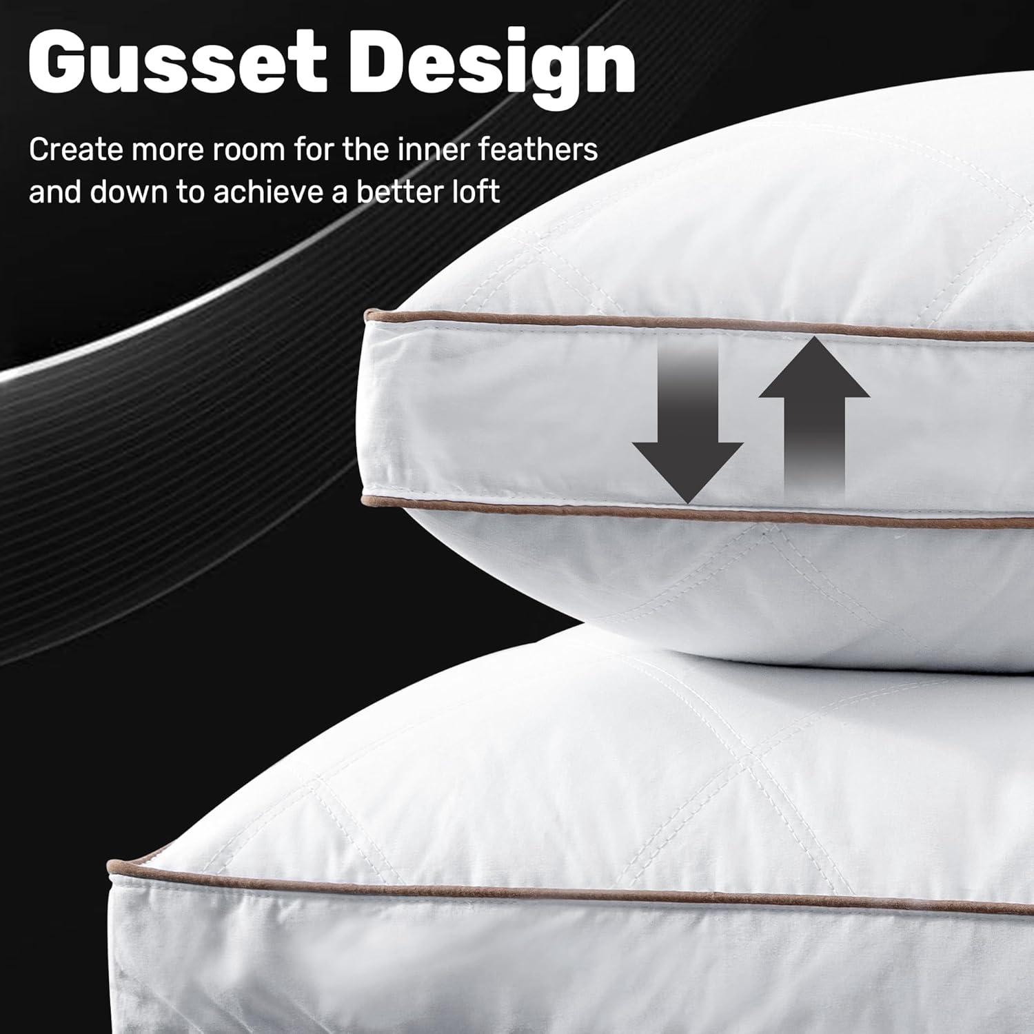 UNIKOME Goose Feathers and Down Pillow, Hotel Collection Gusseted Bed Pillows for Sleeping, 100% Cotton Pillow Cover, Queen Size, Set of 2