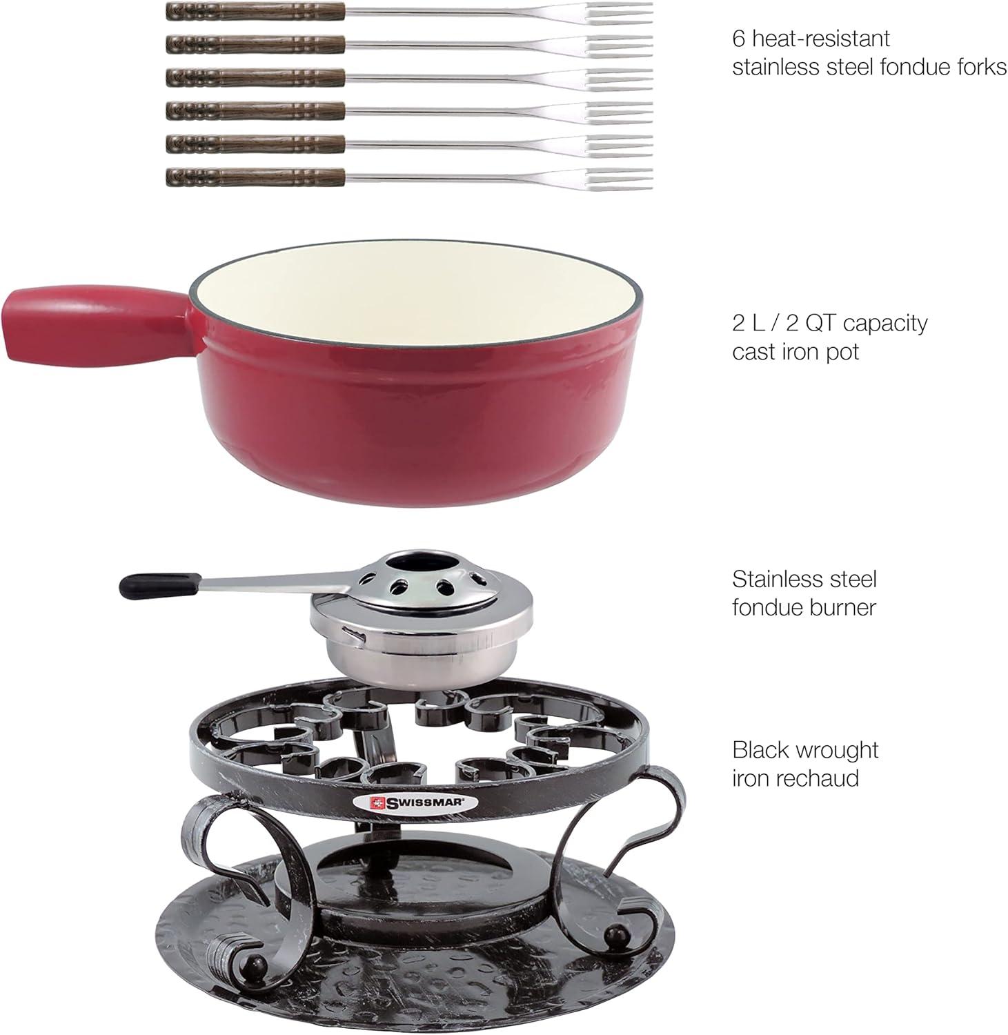 Swissmar Swissmar Lugano 2-Quart Cast Iron Cheese Fondue Set, 9-Piece, Cherry Red