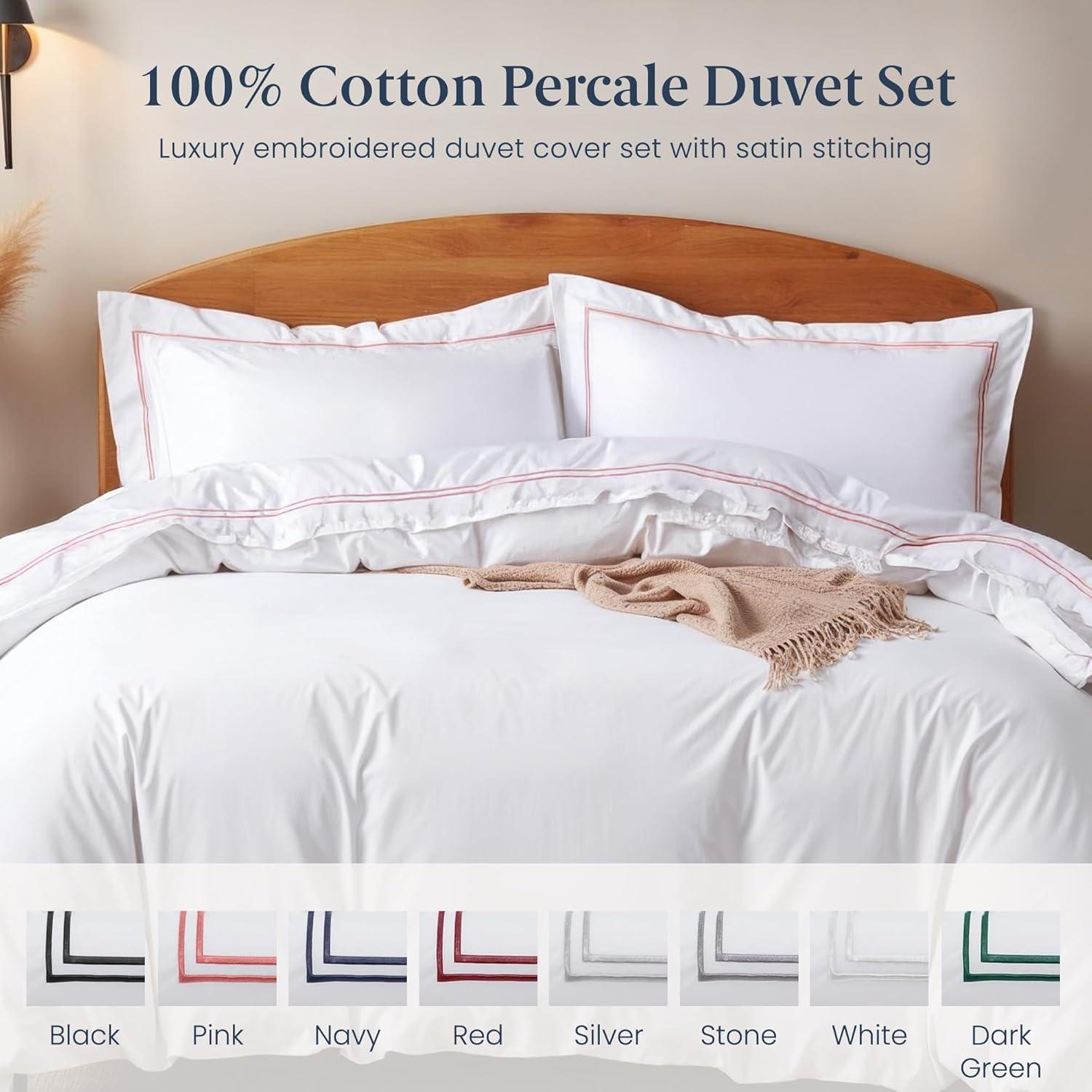 Ella Jayne 100% Cotton Percale 3 Piece Duvet Set, Full/Queen, White with Pink Satin Stitching